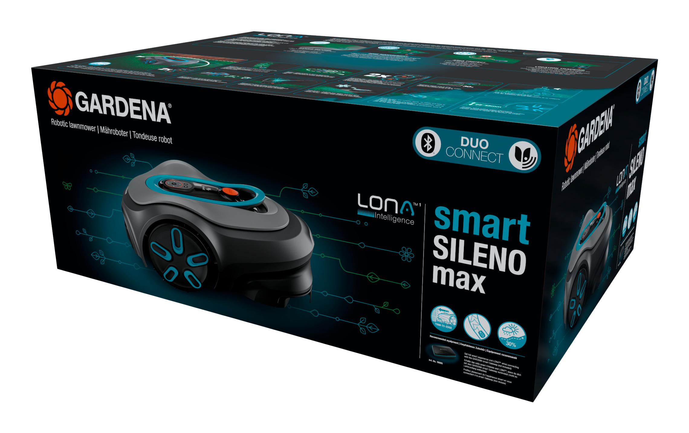 Verpackung des Gardena Smart Sileno Max Mähroboters auf schwarzem Hintergrund mit Produktbild.