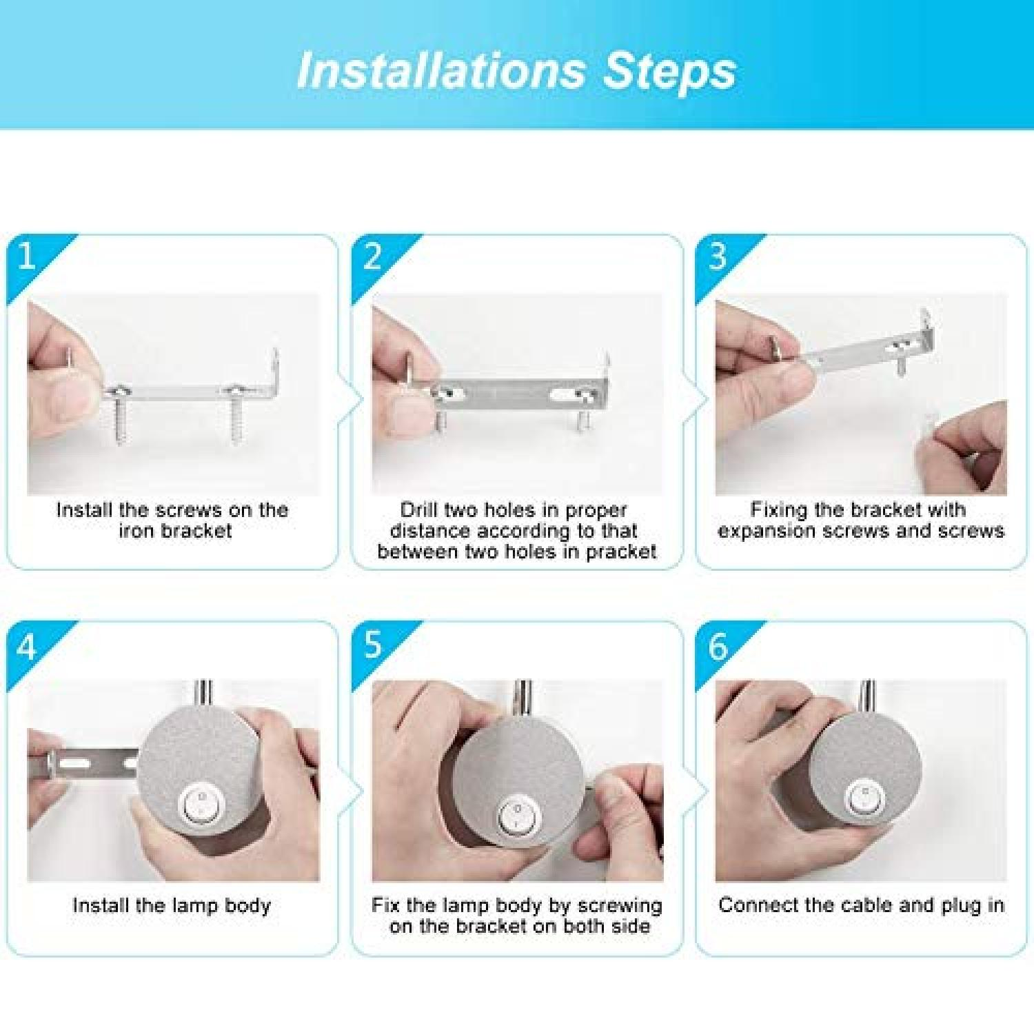 Sechs illustrierte Schritte zur Installation einer Wandlampe mit Montageanleitung auf Türkis.