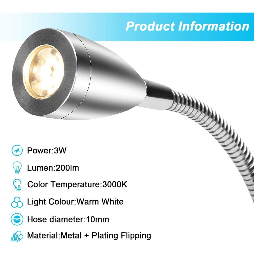 Silberne LED-Leselampe mit flexiblem Hals und Produktdetails.