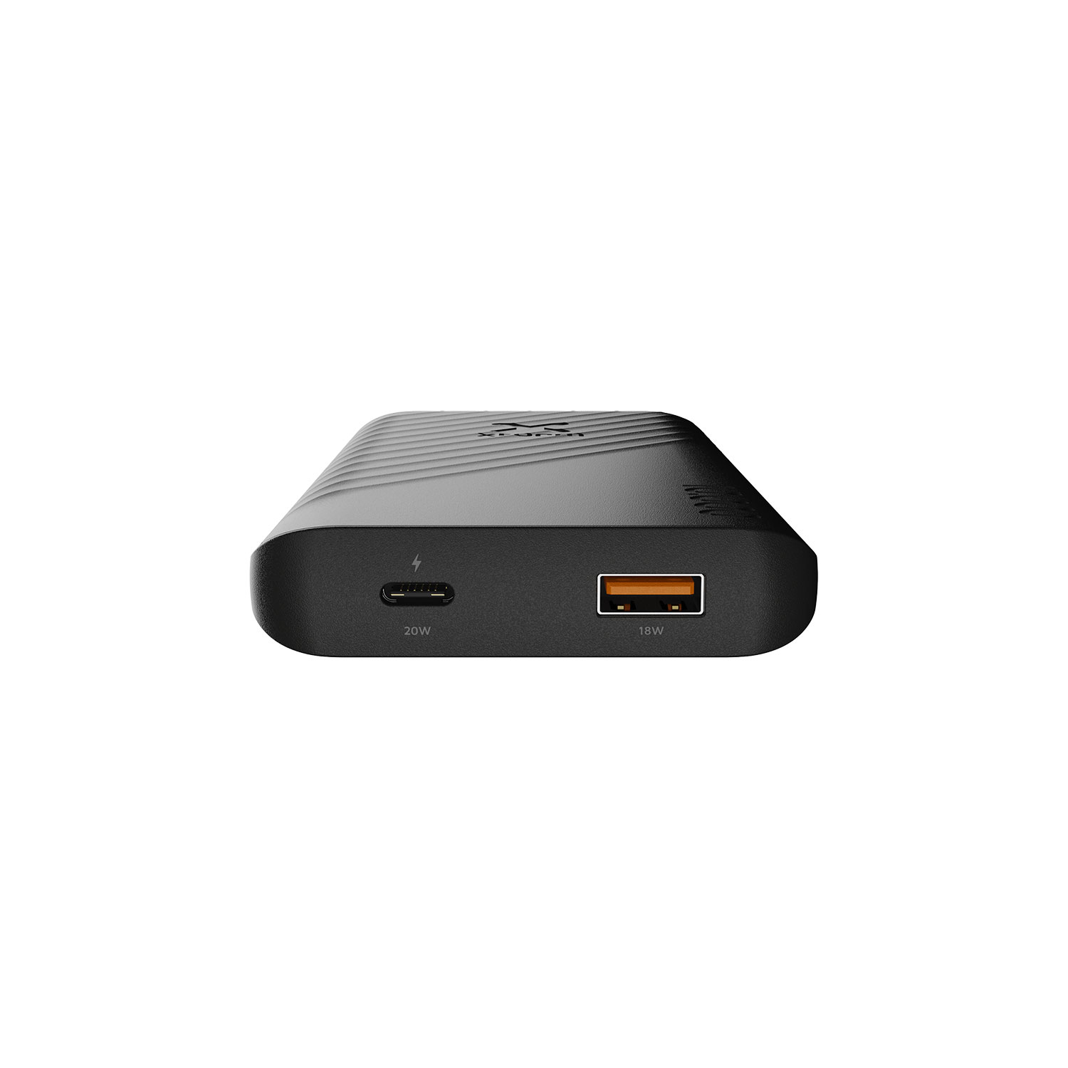 Schwarze Powerbank mit einem 20W USB-C- und einem 18W USB-A-Anschluss auf der Vorderseite.
