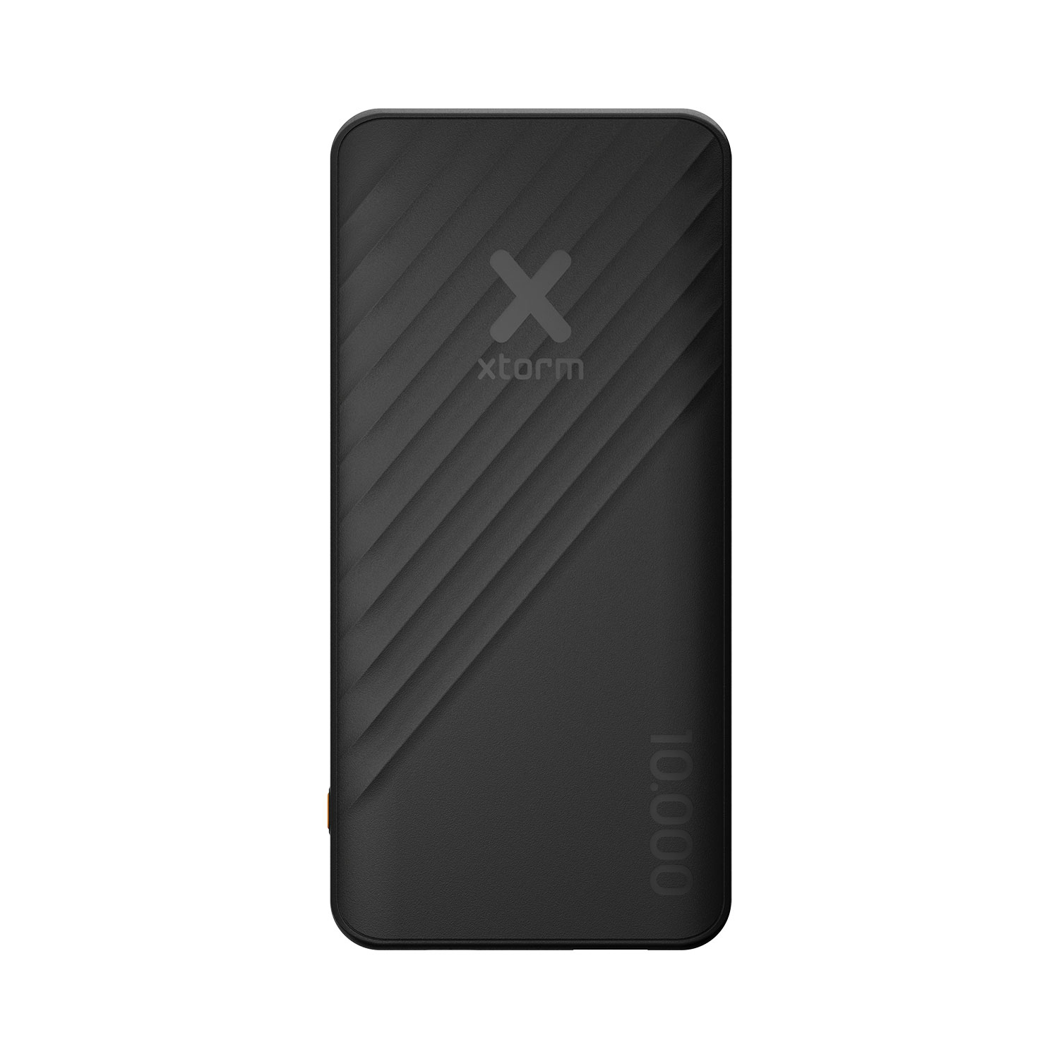 Schwarze Xtorm Powerbank mit 10.000 mAh Kapazität, geriffeltem Muster und Markenlogo auf weißem Hintergrund.