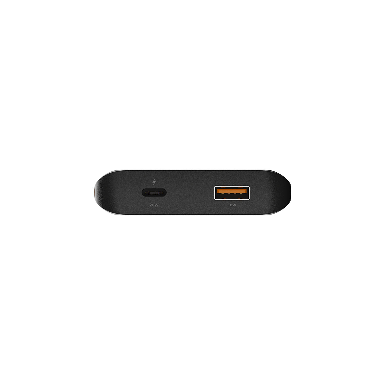 Unterseite eines schwarzen Geräts mit einem 20W USB-C-Anschluss und einem 18W USB-A-Anschluss auf weißem Hintergrund.