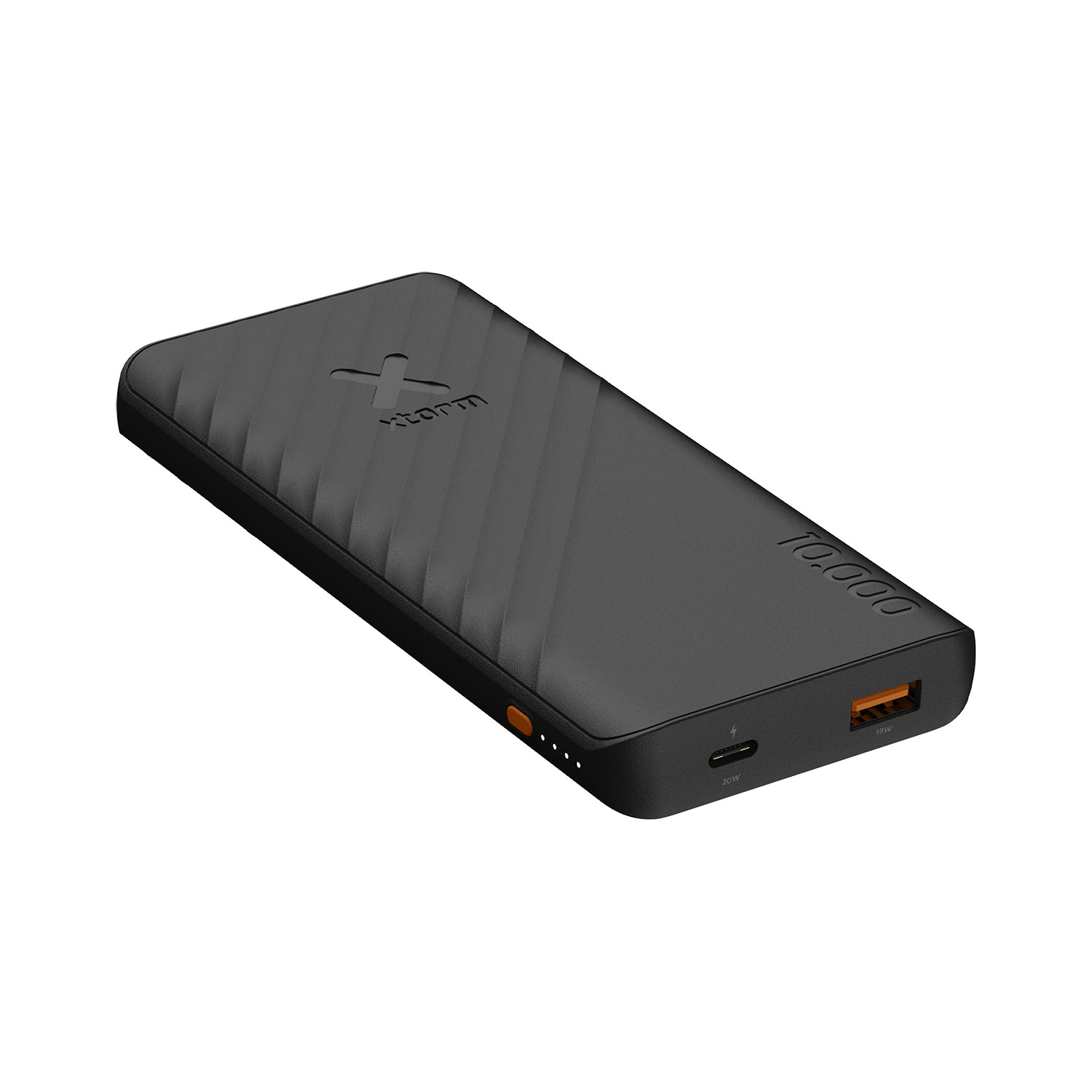 Eine schwarze Xtorm Powerbank mit 10.000 mAh, USB-C- und USB-Anschlüssen sowie Status-LEDs.