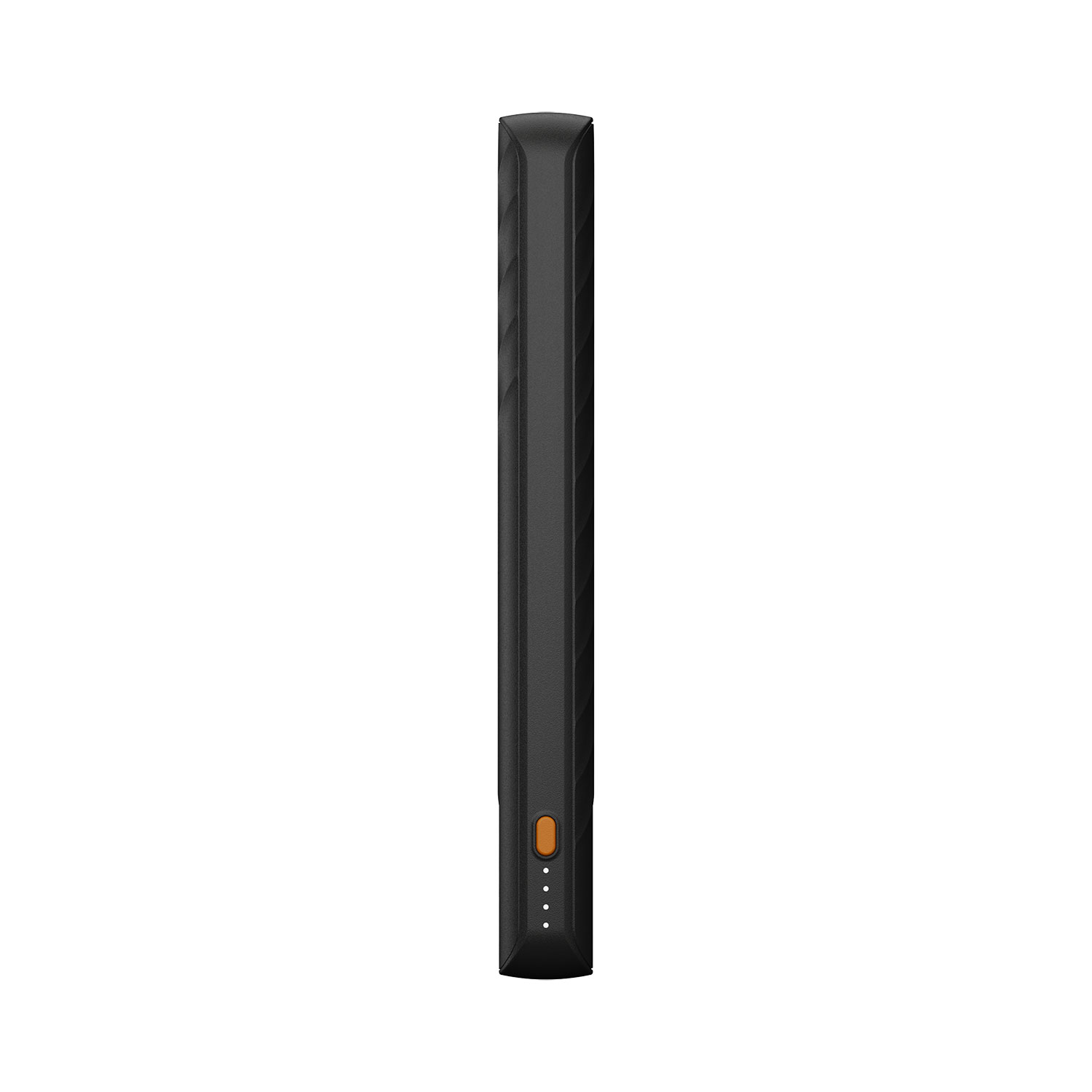Schwarze Powerbank mit abgerundeten Kanten, orangefarbenem Einschalttaste und vier kleinen LED-Anzeigen unten.
