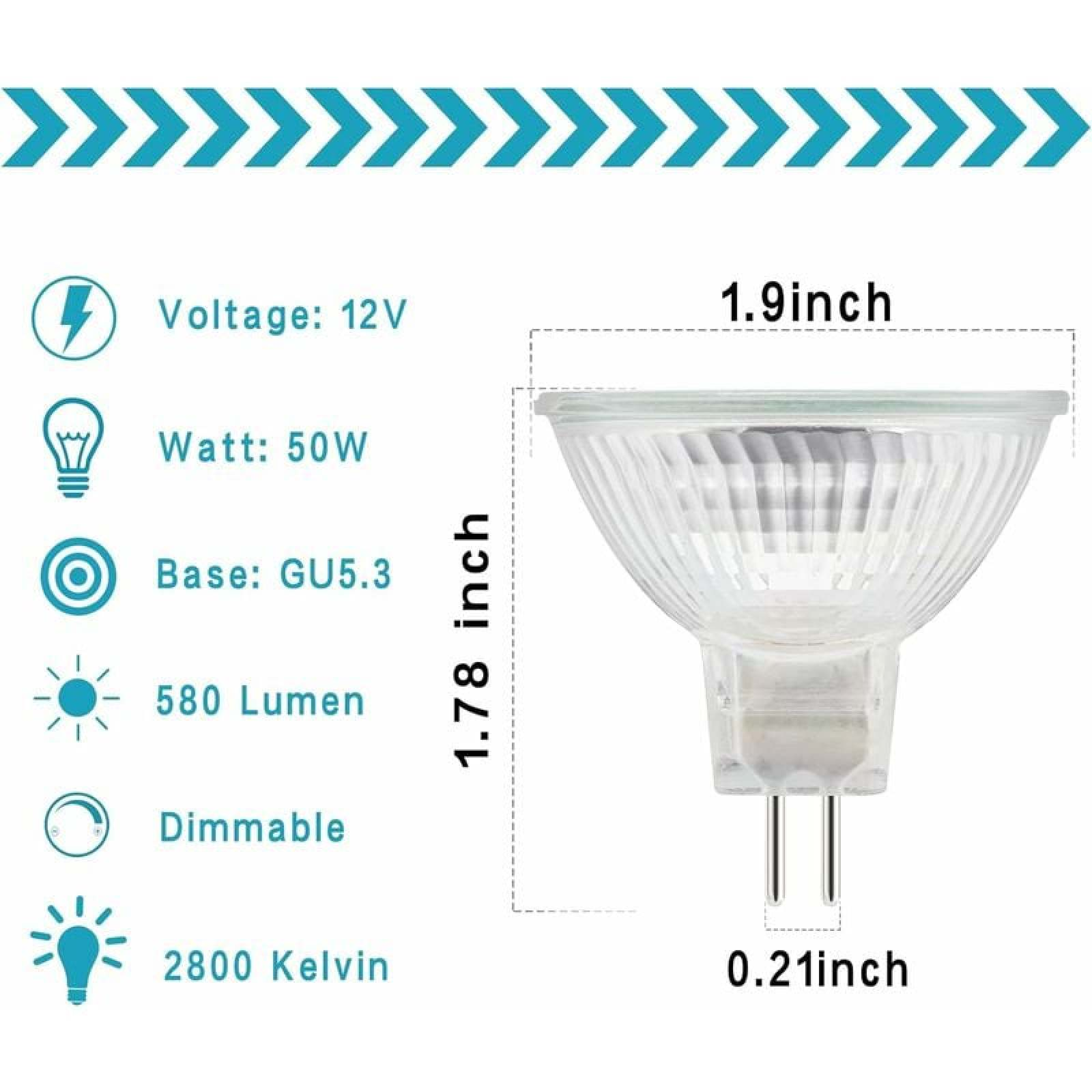 Diagramm einer GU5.3 LED-Lampe mit technischen Daten und Abmessungen.
