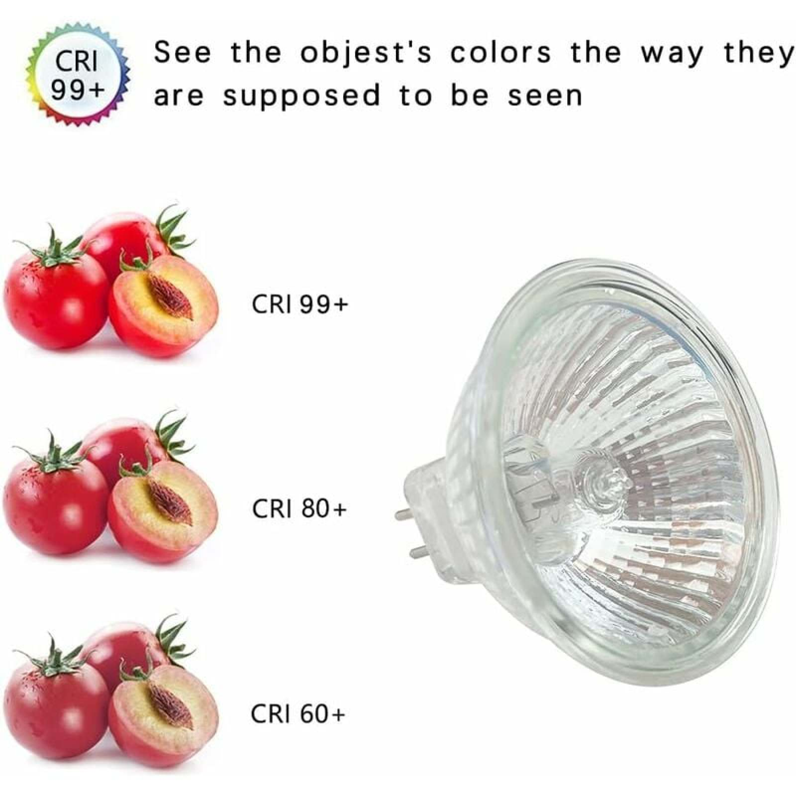 Vergleich von Tomatenfarben bei LED-Lampen mit CRI 99+, 80+ und 60+.