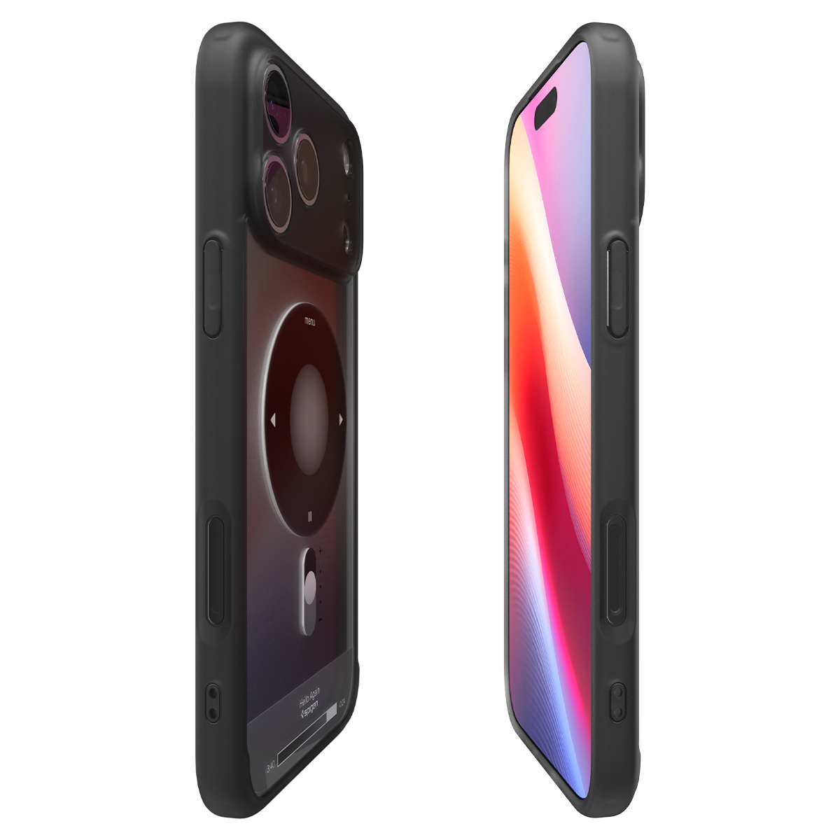 Two black smartphone cases, one showing an iPod classic design on the back and the other showing a colorful screen.