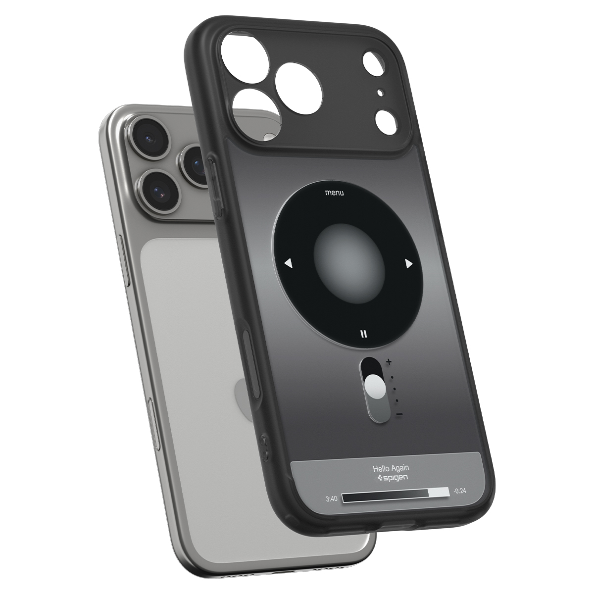 A silver smartphone with a black protective case featuring an iPod classic click wheel design on the back.