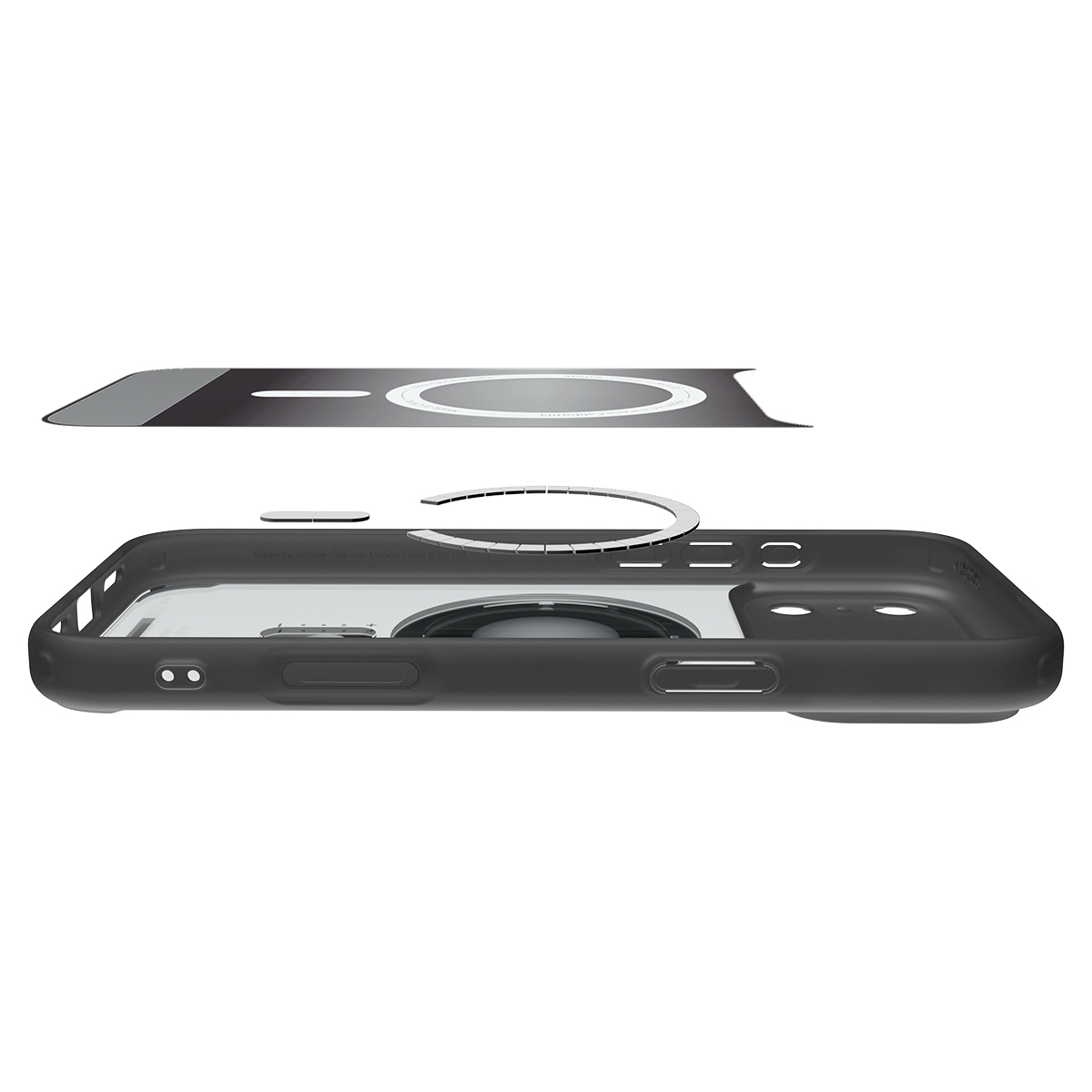 Exploded view of a black smartphone case with a magnetic ring and back plate.