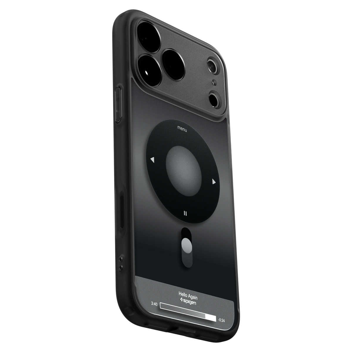 A black smartphone in a protective case featuring the design of a classic music player.
