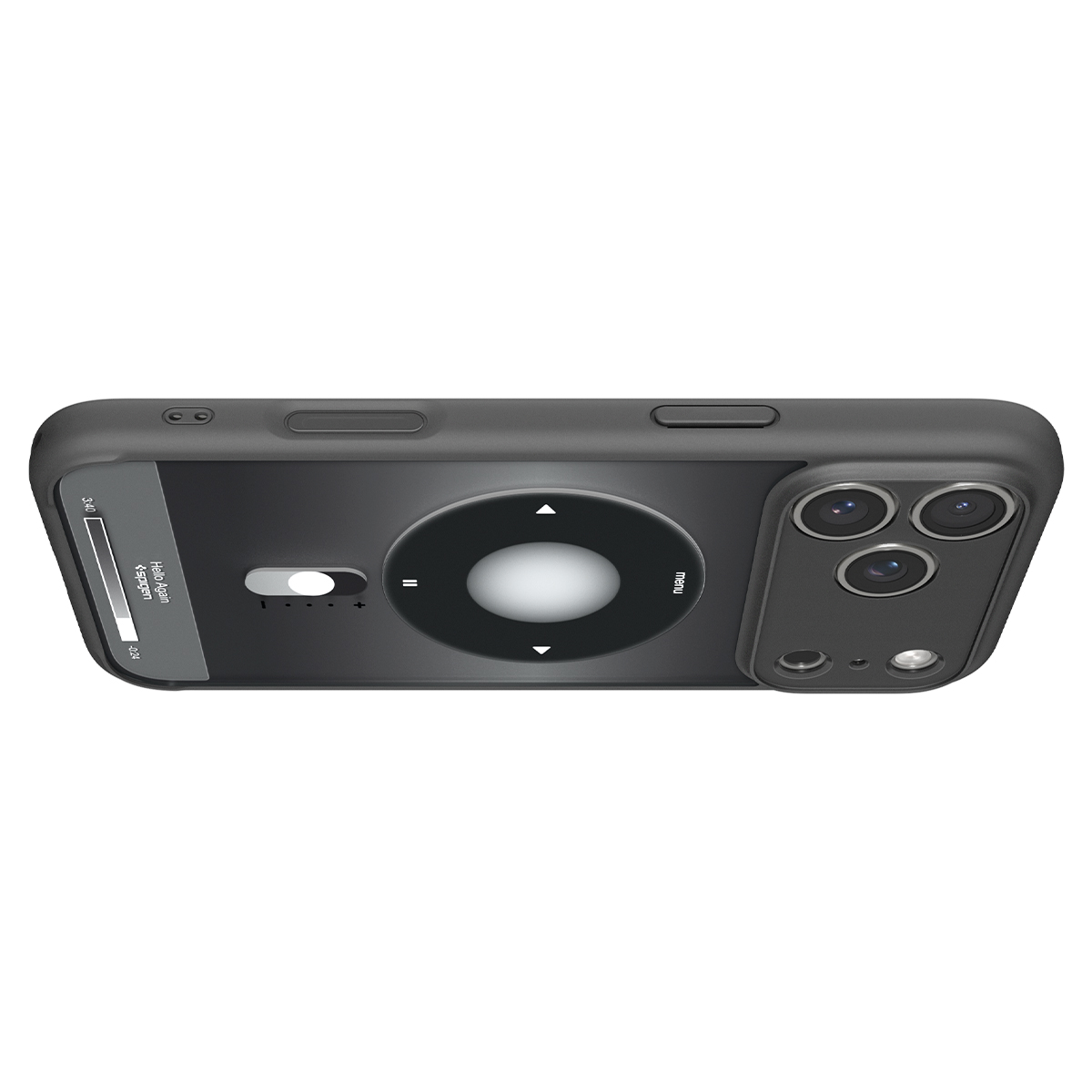 A smartphone in a case displays the design of a classic iPod with a click wheel on screen.