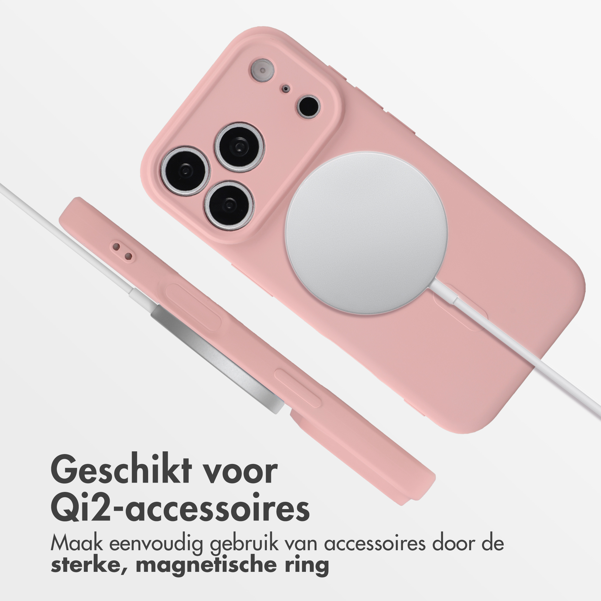 Pink phone case with a magnetic ring, shown from back and side with Dutch text.