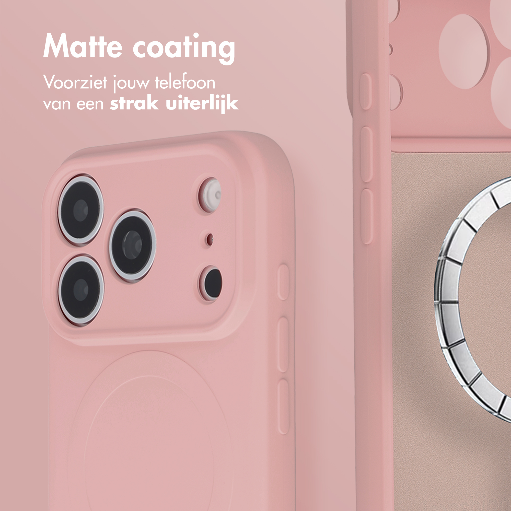 Pink matte phone case with camera cutouts and text in the corner.