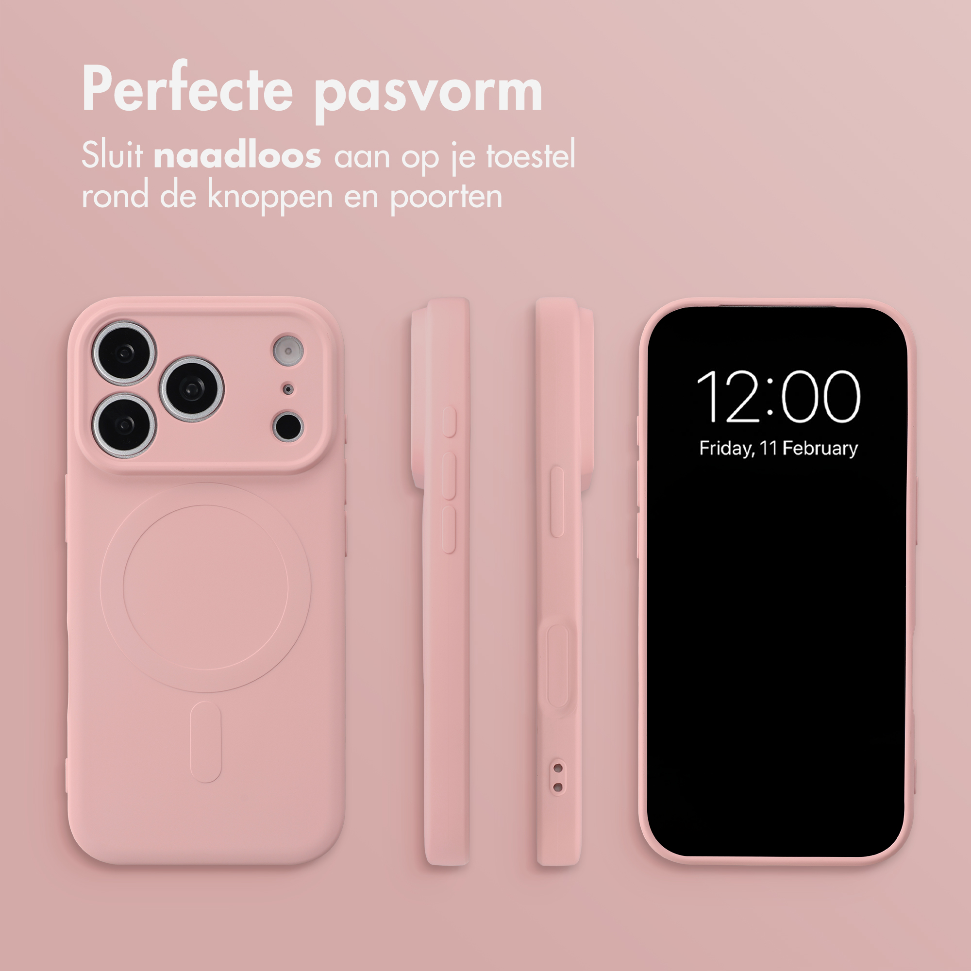 Pink smartphone case shown from back, sides, and front on a pink background, with Dutch promotional text above.