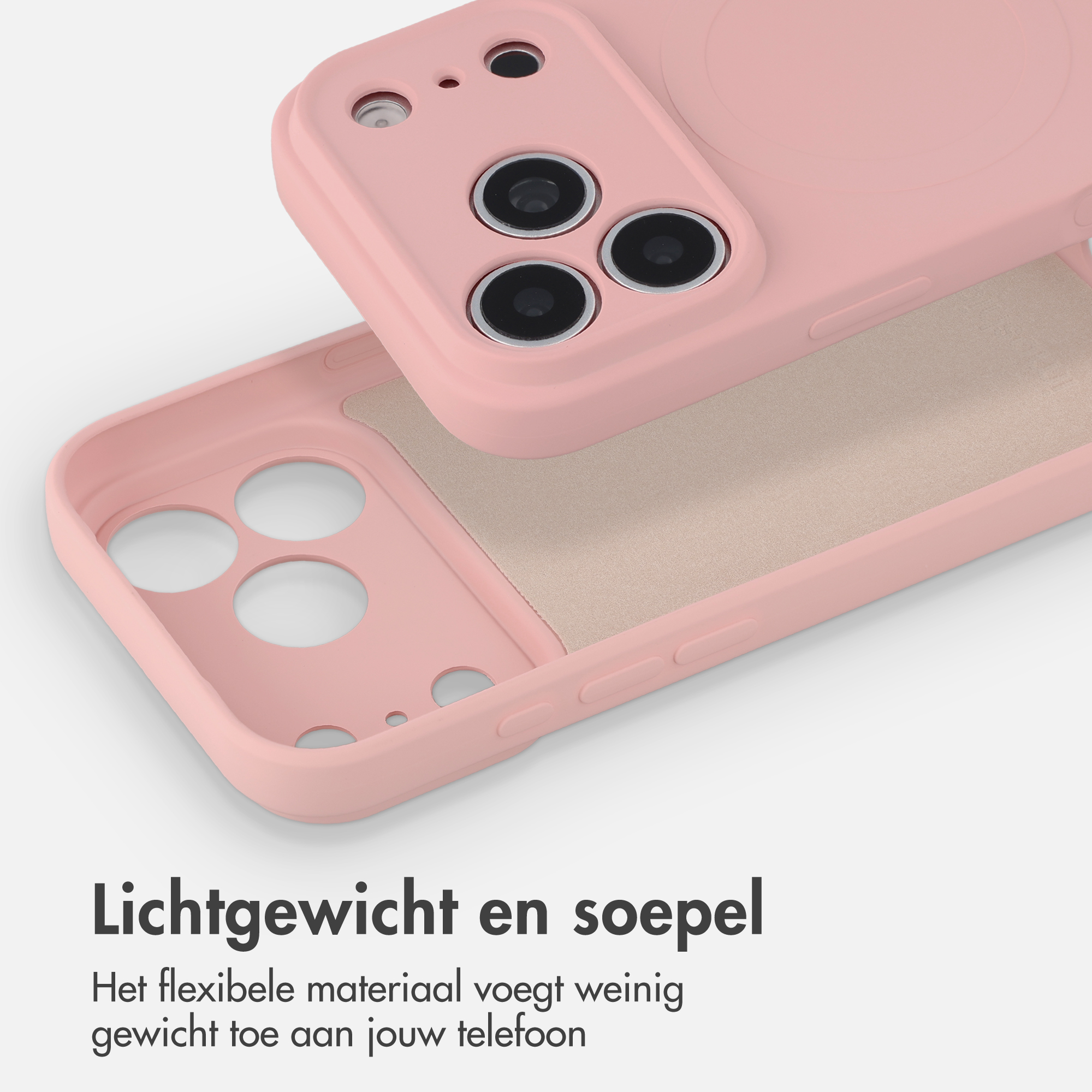 Pink silicone phone case with soft interior lining on a light background.