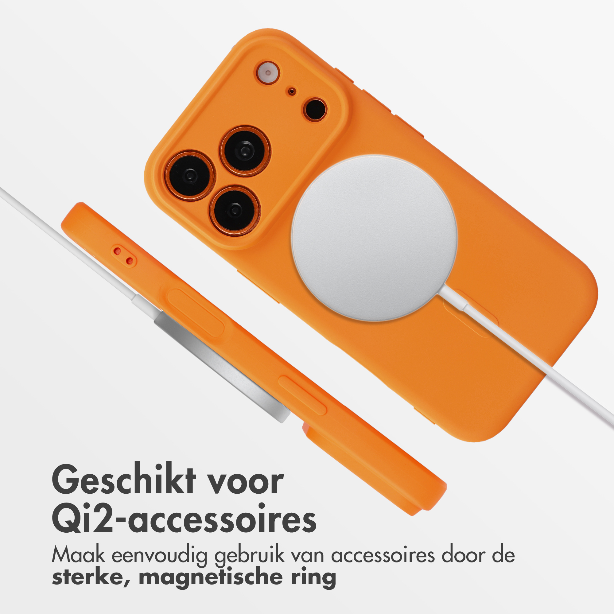 Orange phone case with a MagSafe charger and white text on a white background.