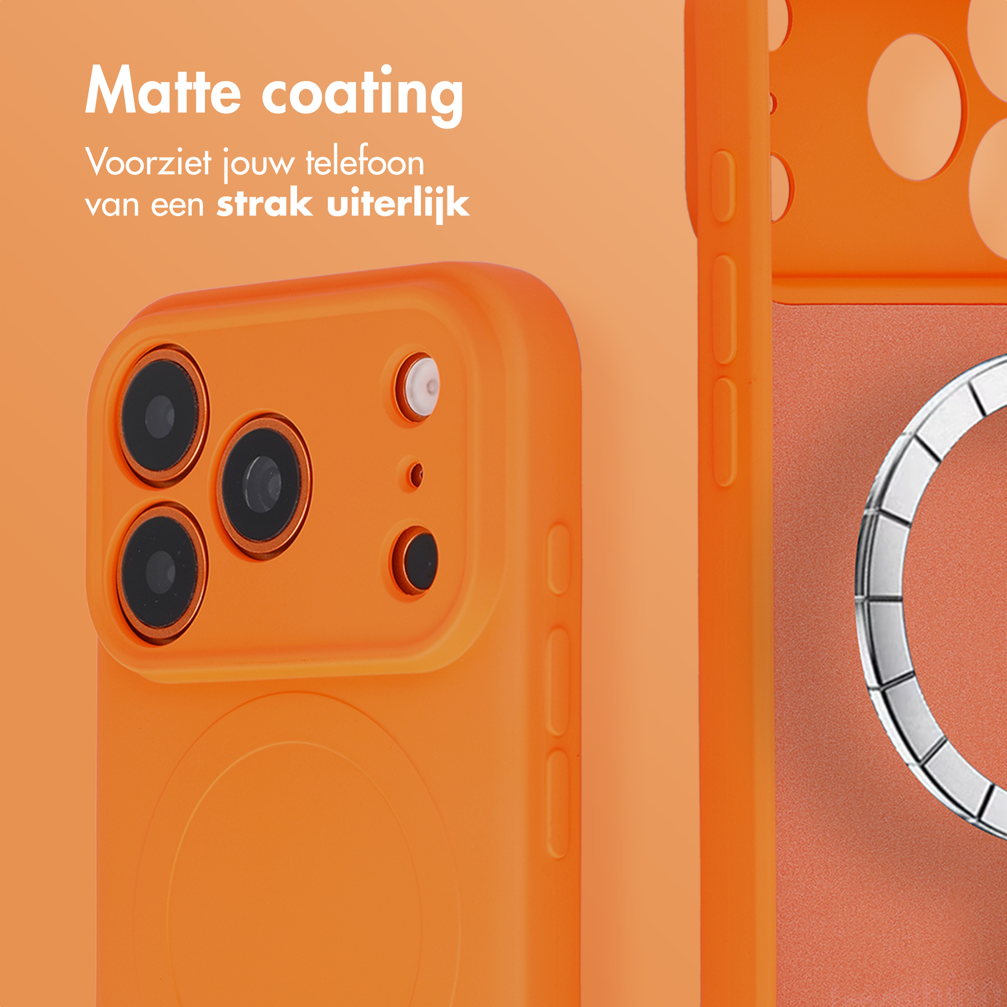 Orange phone case with a matte coating and a magnetic ring on the inside.