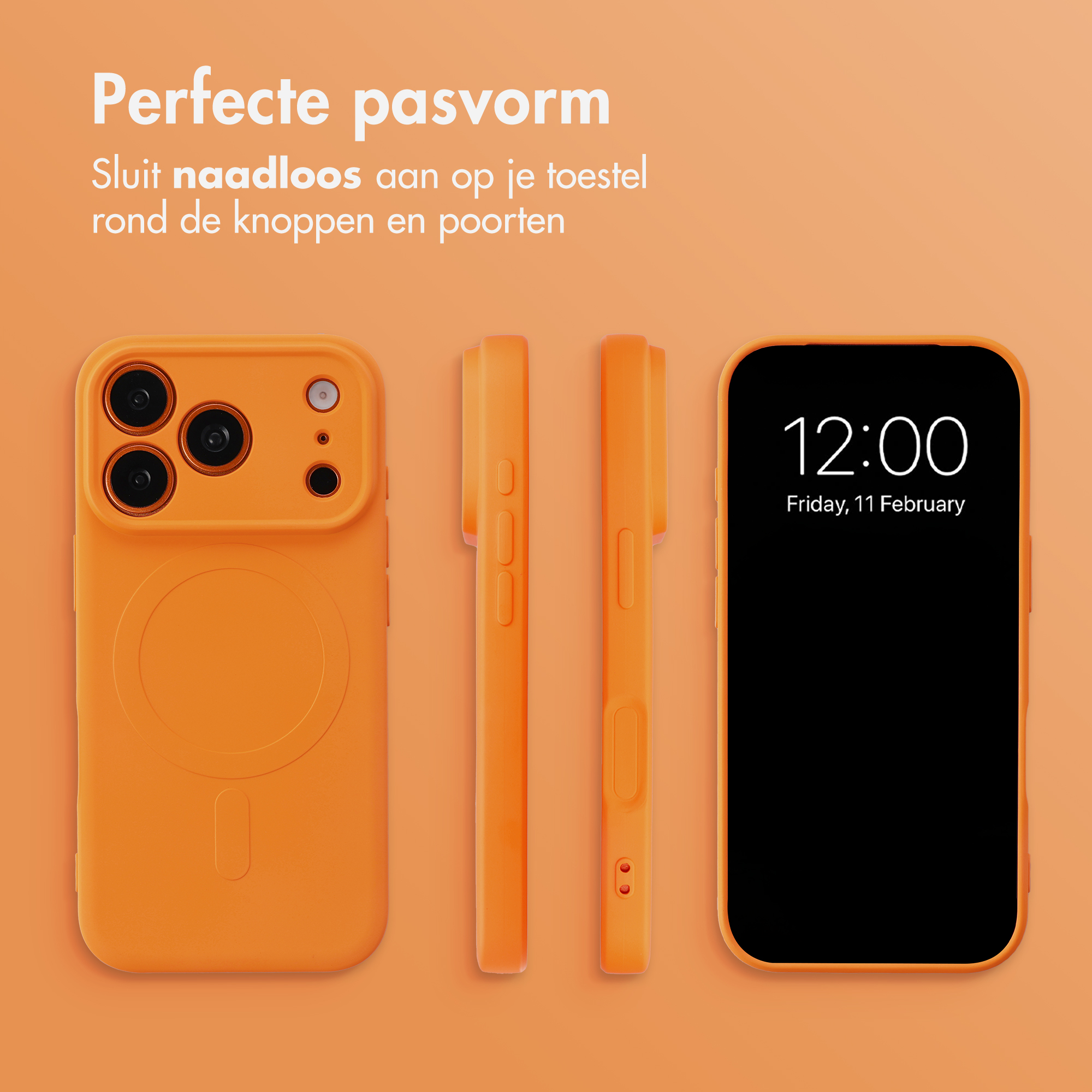 Orange phone case shown from multiple angles with Dutch text on an orange background.