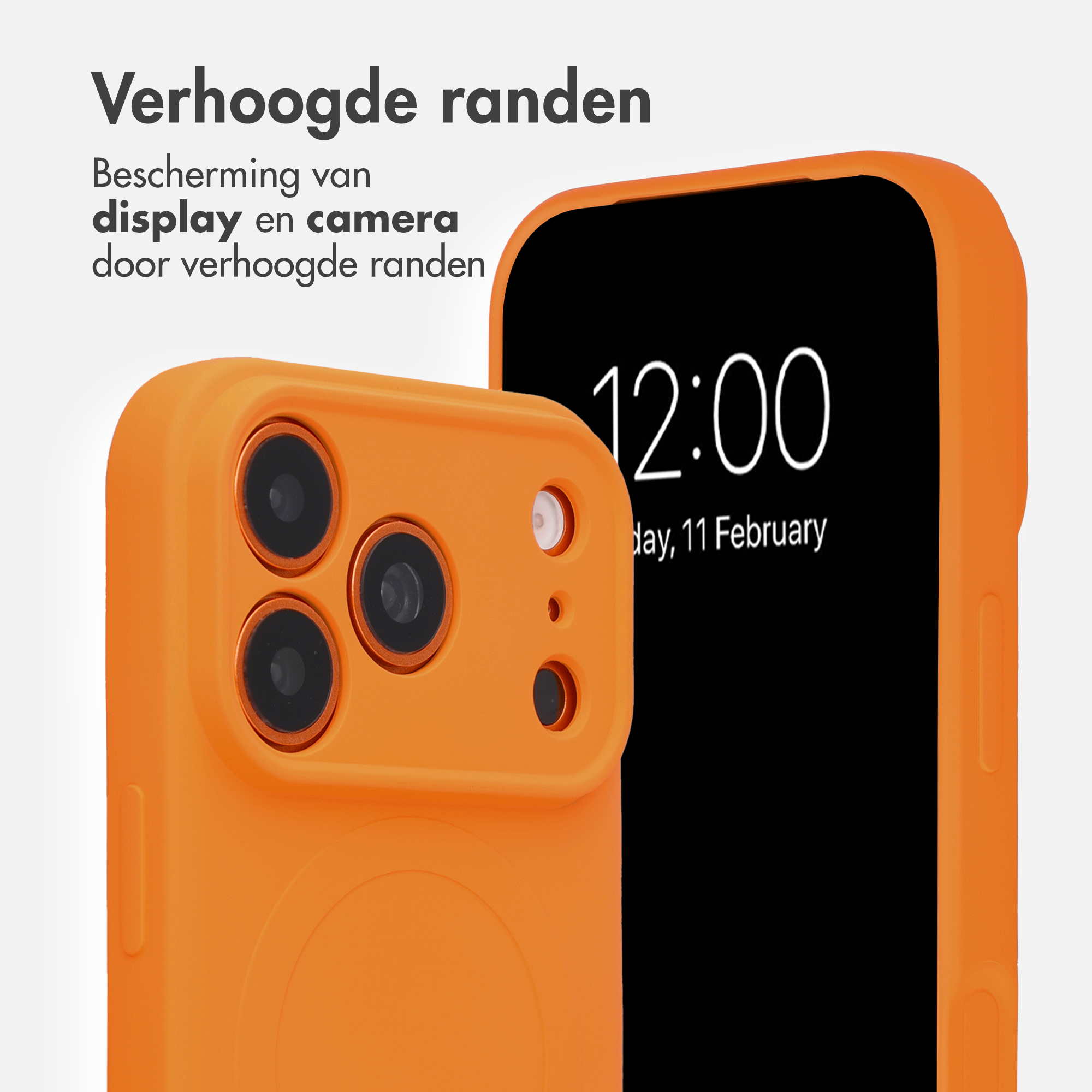Two orange phone cases with raised edges for screen and camera protection against a white background.