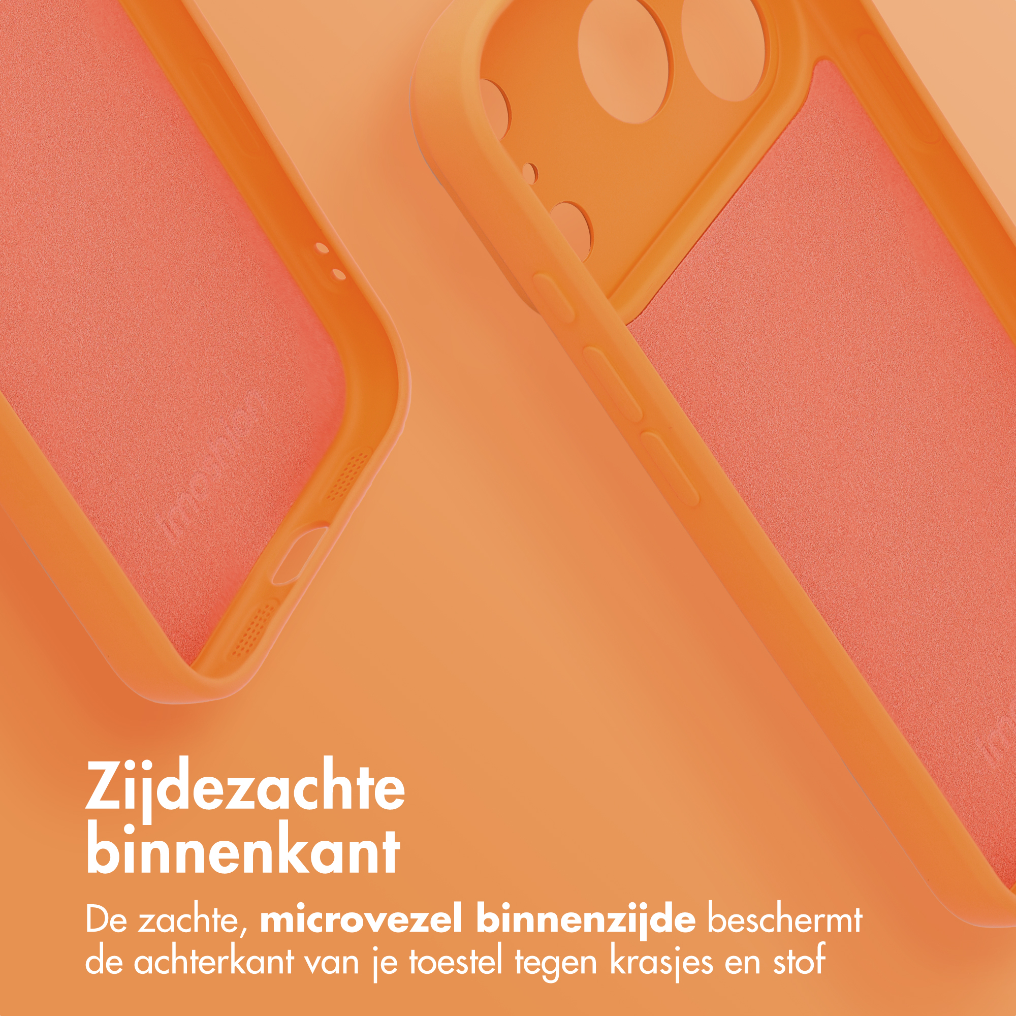 Two orange phone cases with soft microfiber interior on an orange background.