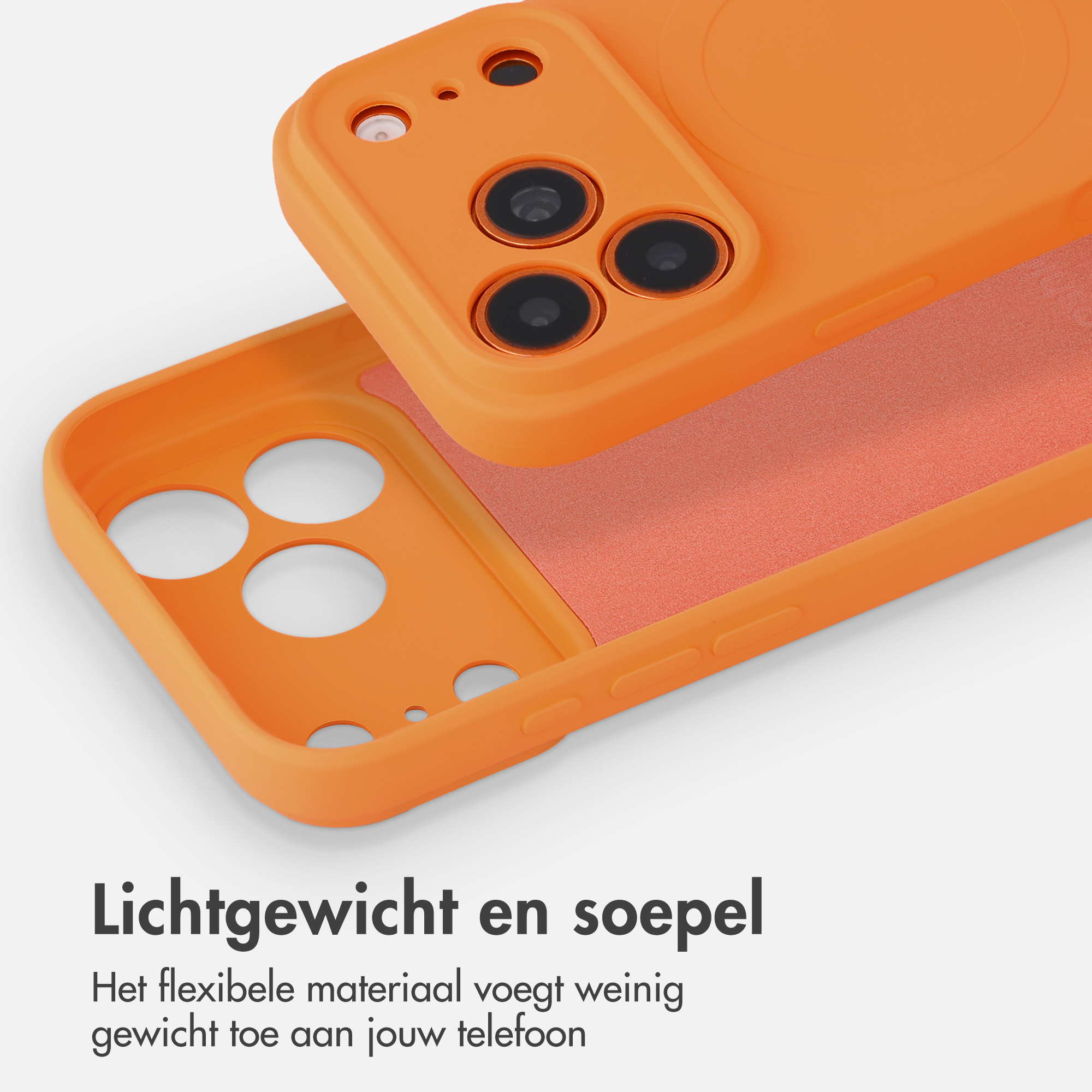 Two orange phone cases lie diagonally offset on a light background with Dutch promotional text.