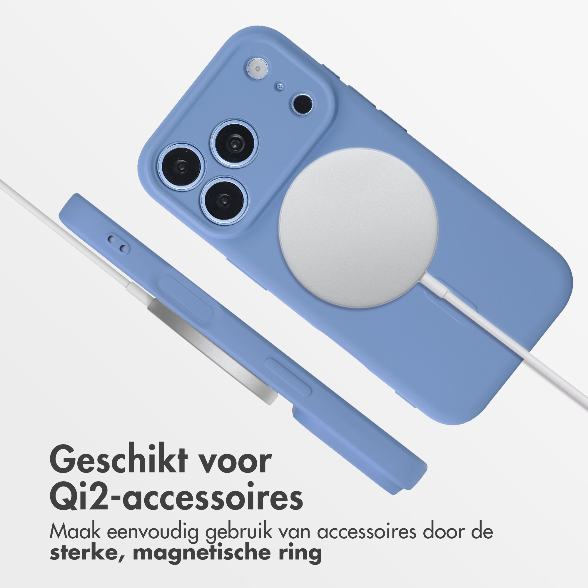 Blue phone case with MagSafe ring and white charging cable on a light background.
