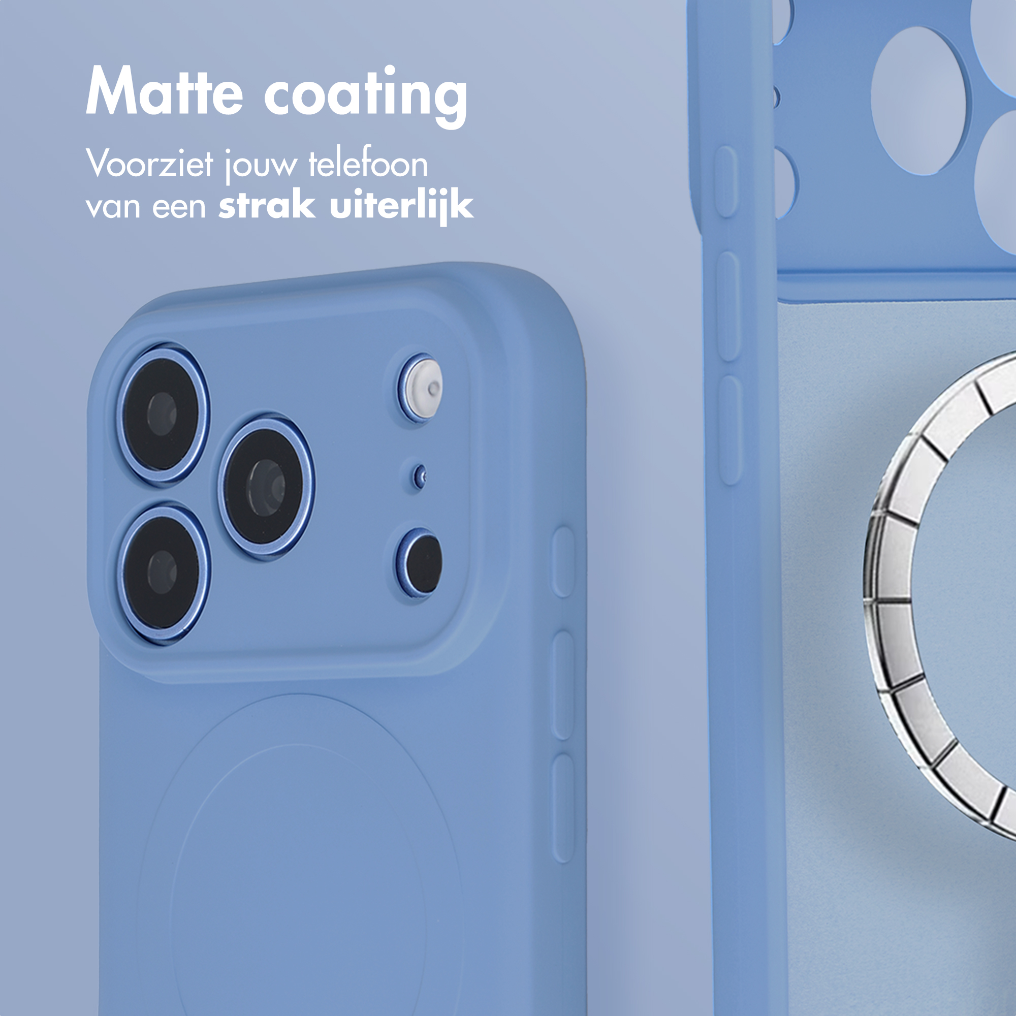 Blue matte phone case with camera cutout and MagSafe ring on light blue background.