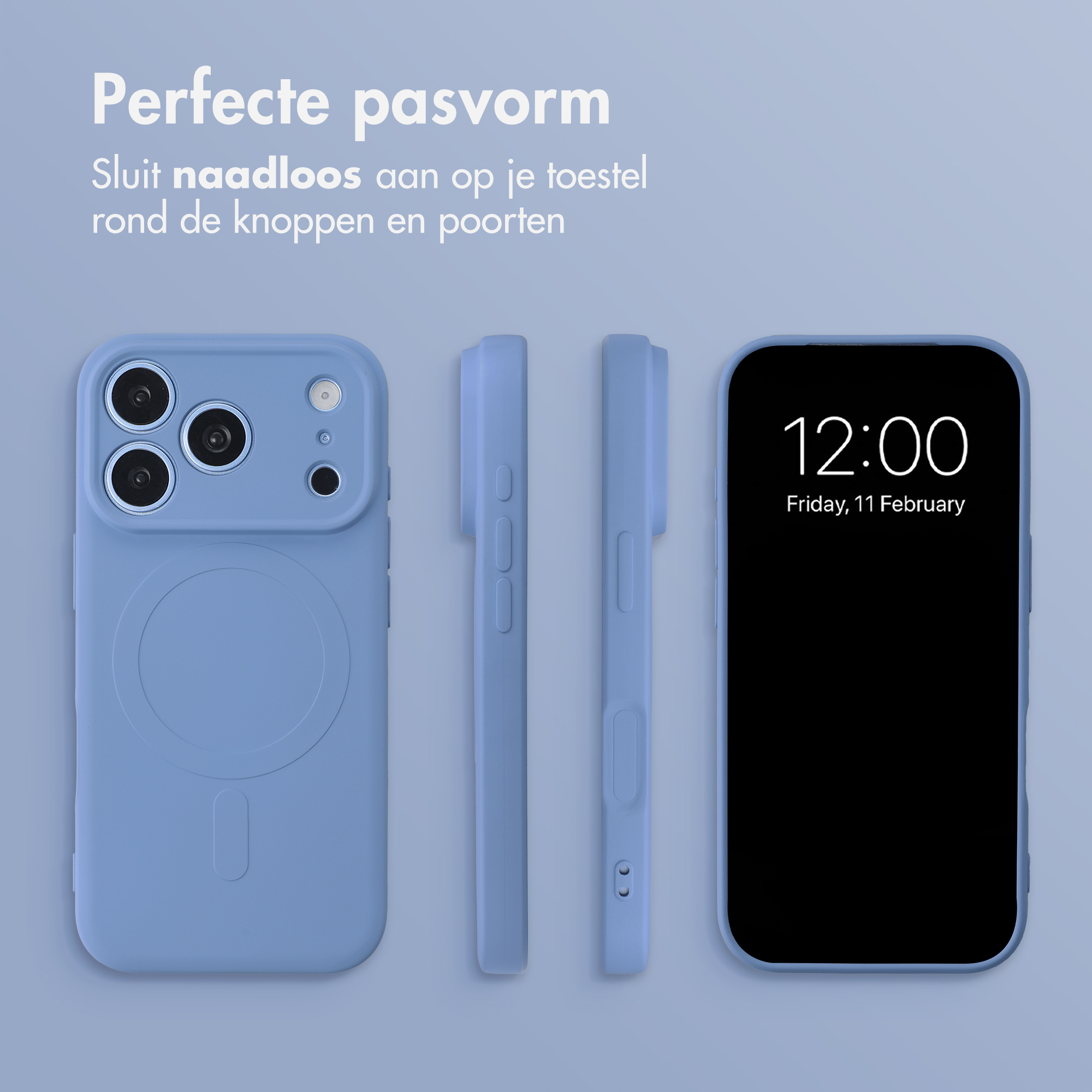 Blue smartphone case shown from multiple angles with text above on a light blue background.