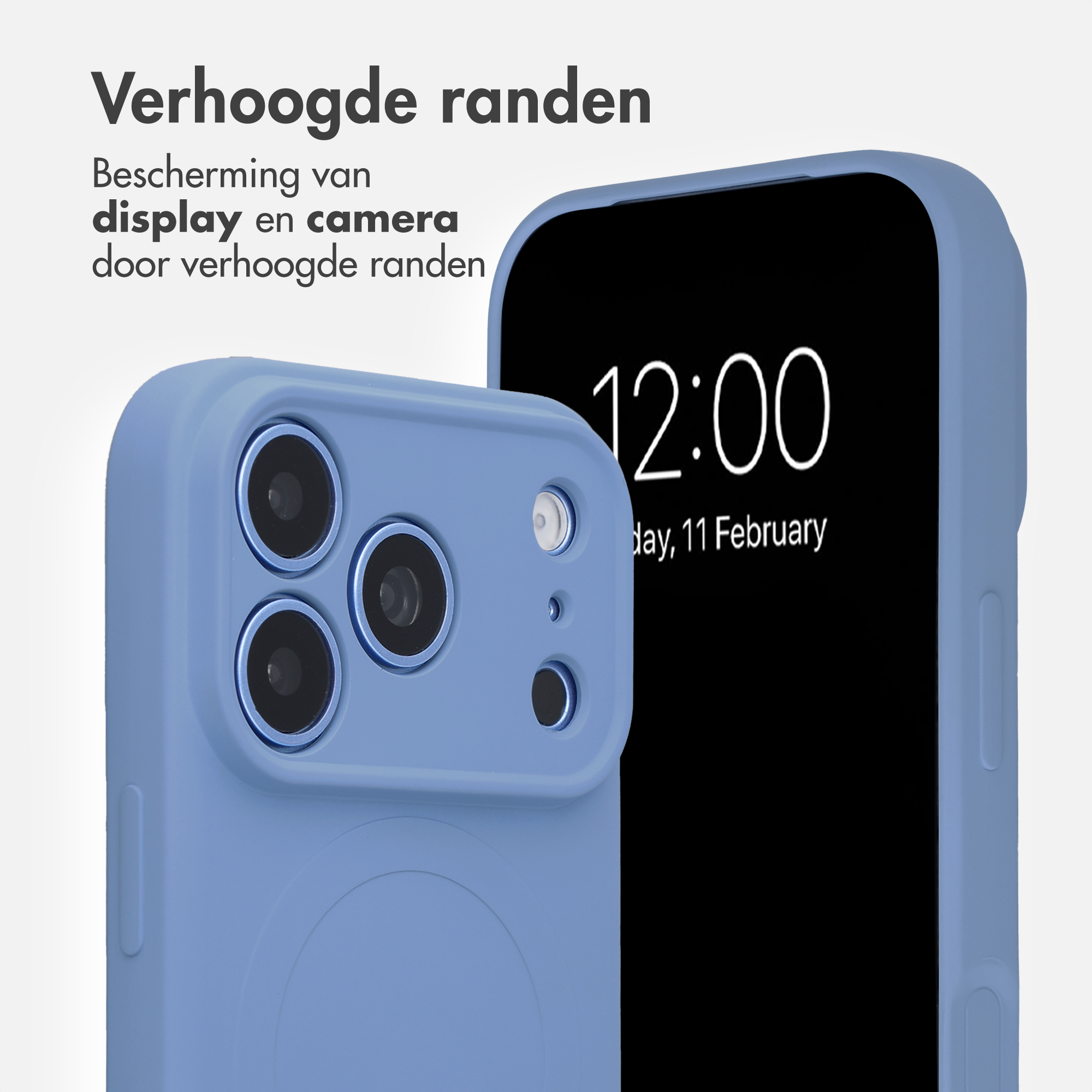 A light blue smartphone in a protective case highlights raised edges for the display and camera.