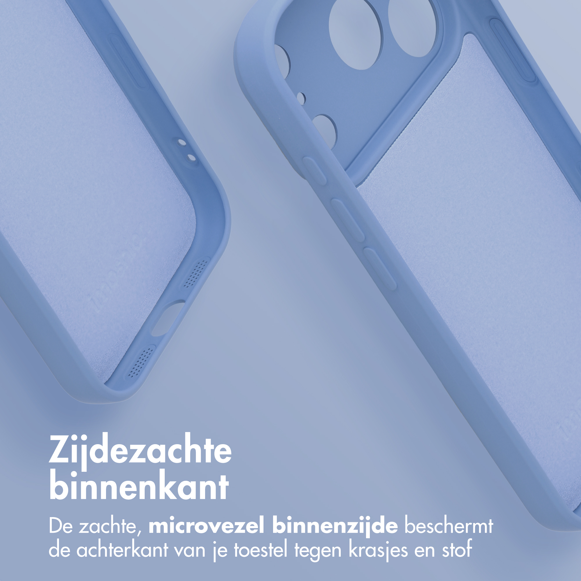 Two light blue phone cases on a blue background, highlighting the soft microfiber interior lining.