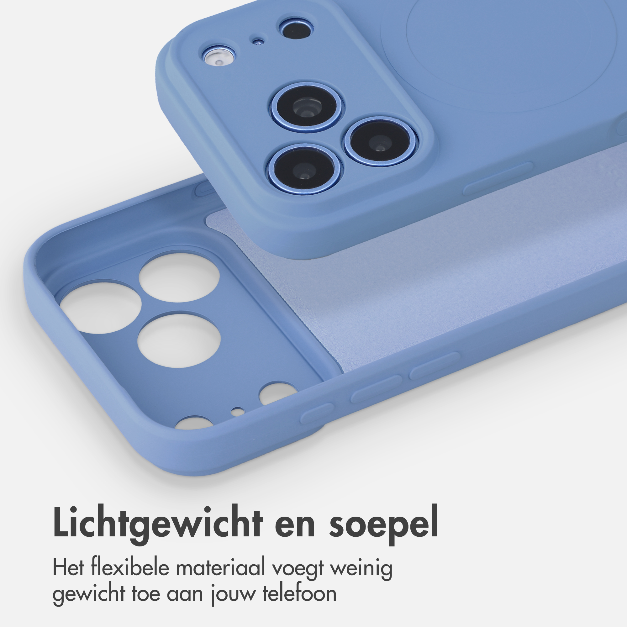Two blue silicone phone cases shown from back and inside against a white background, with Dutch promotional text.