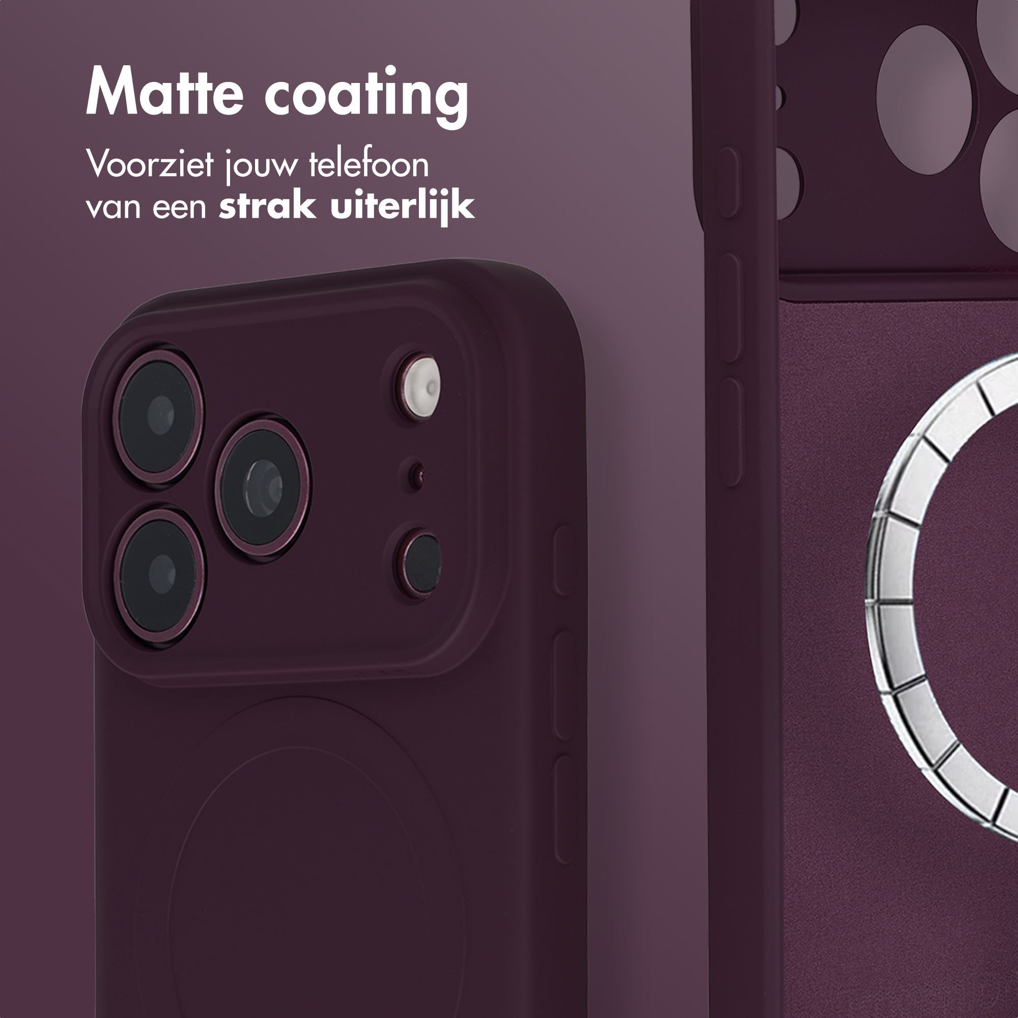 Dark purple matte phone case with camera cutouts and text in Dutch.