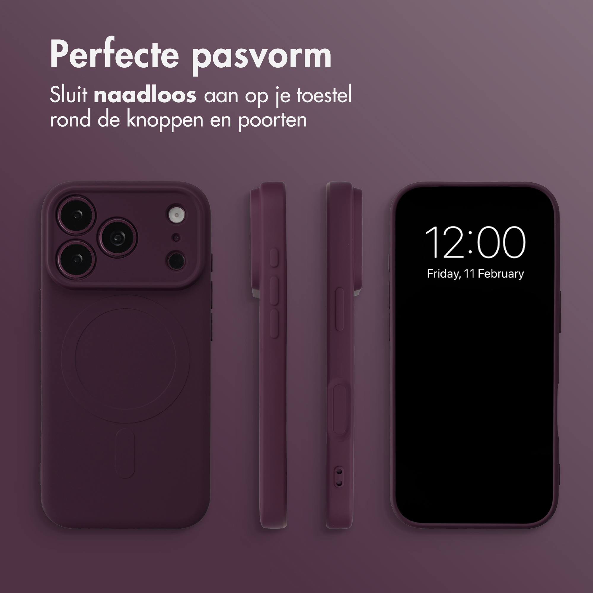 Dark purple phone case shown from multiple angles with a smartphone and text above.