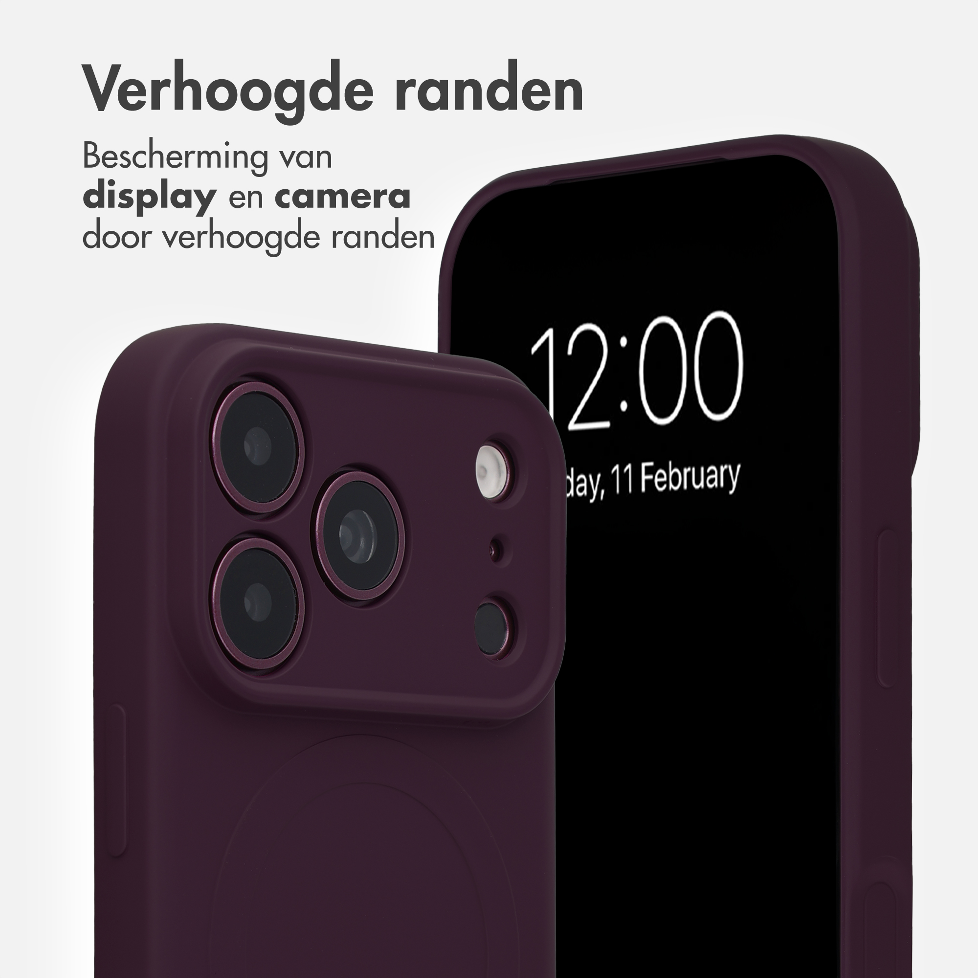 Two purple smartphone cases on a light background with Dutch text.