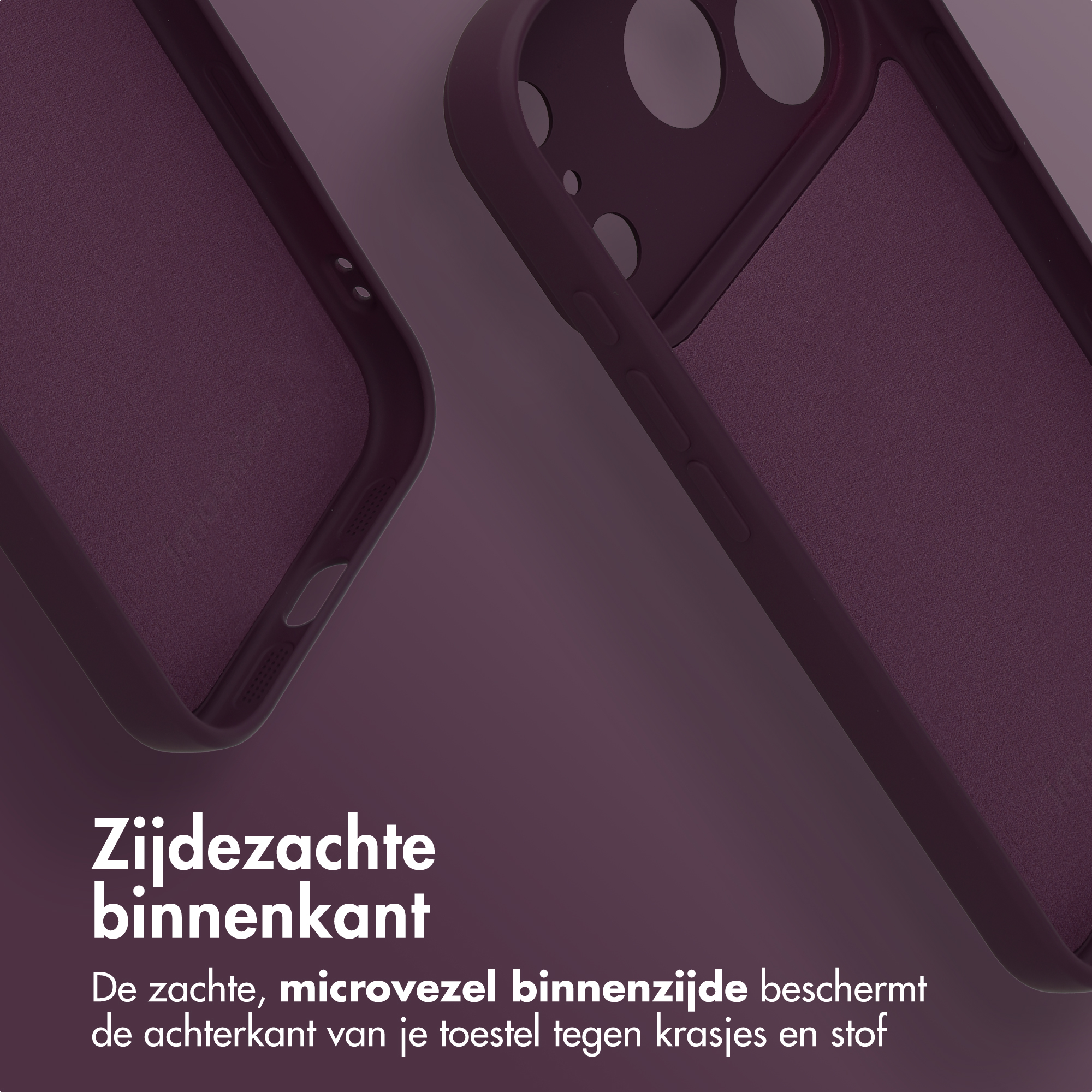 Two dark purple phone cases with soft microfiber interiors shown on a matching background with Dutch text.