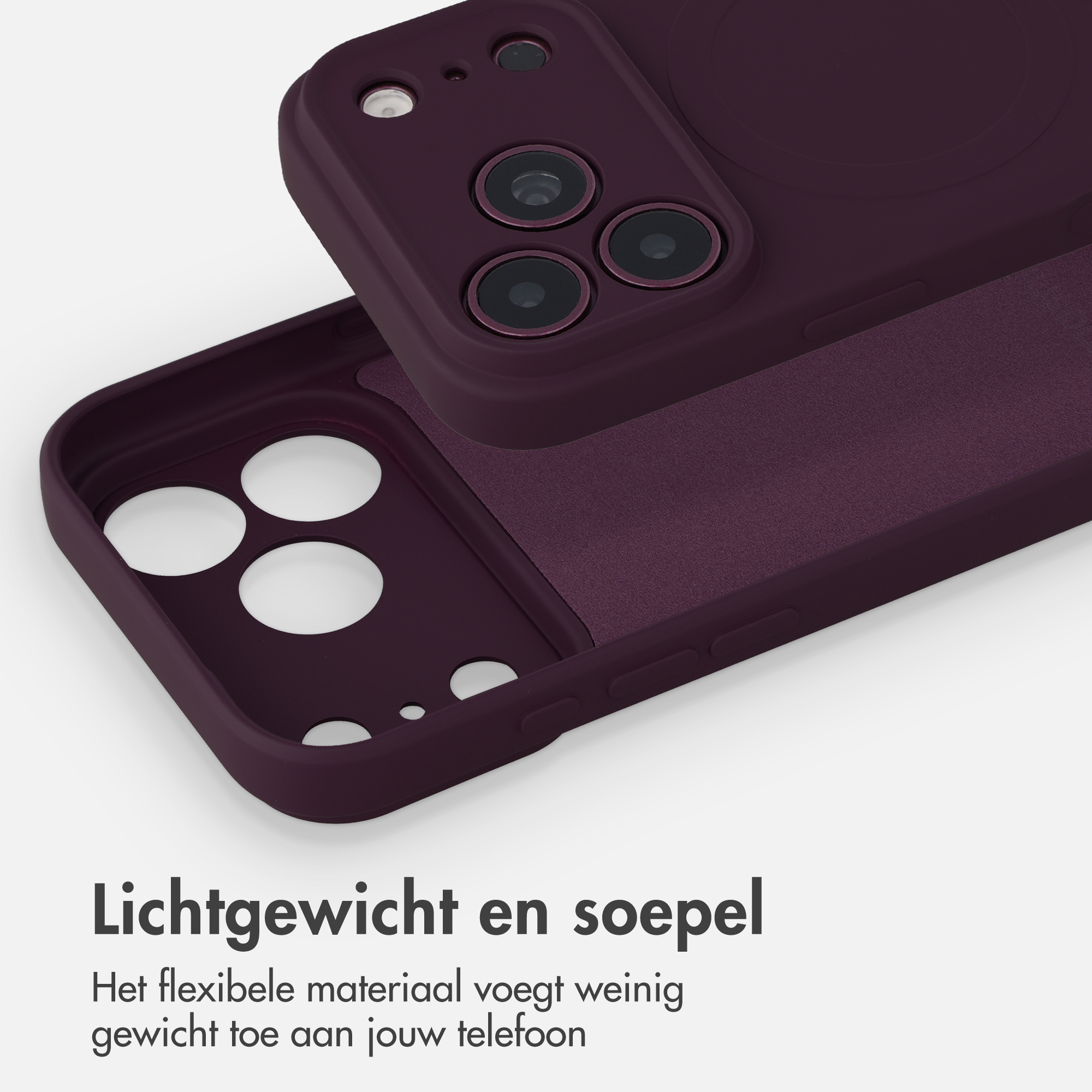 Two dark purple phone cases on a light gray background with Dutch text at the bottom.