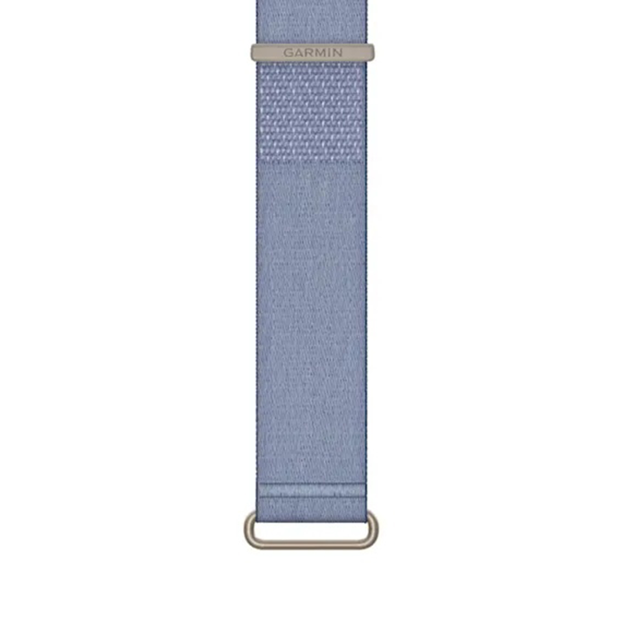 Un bracelet de montre en nylon Garmin gris-bleu avec une boucle en métal sur fond blanc.