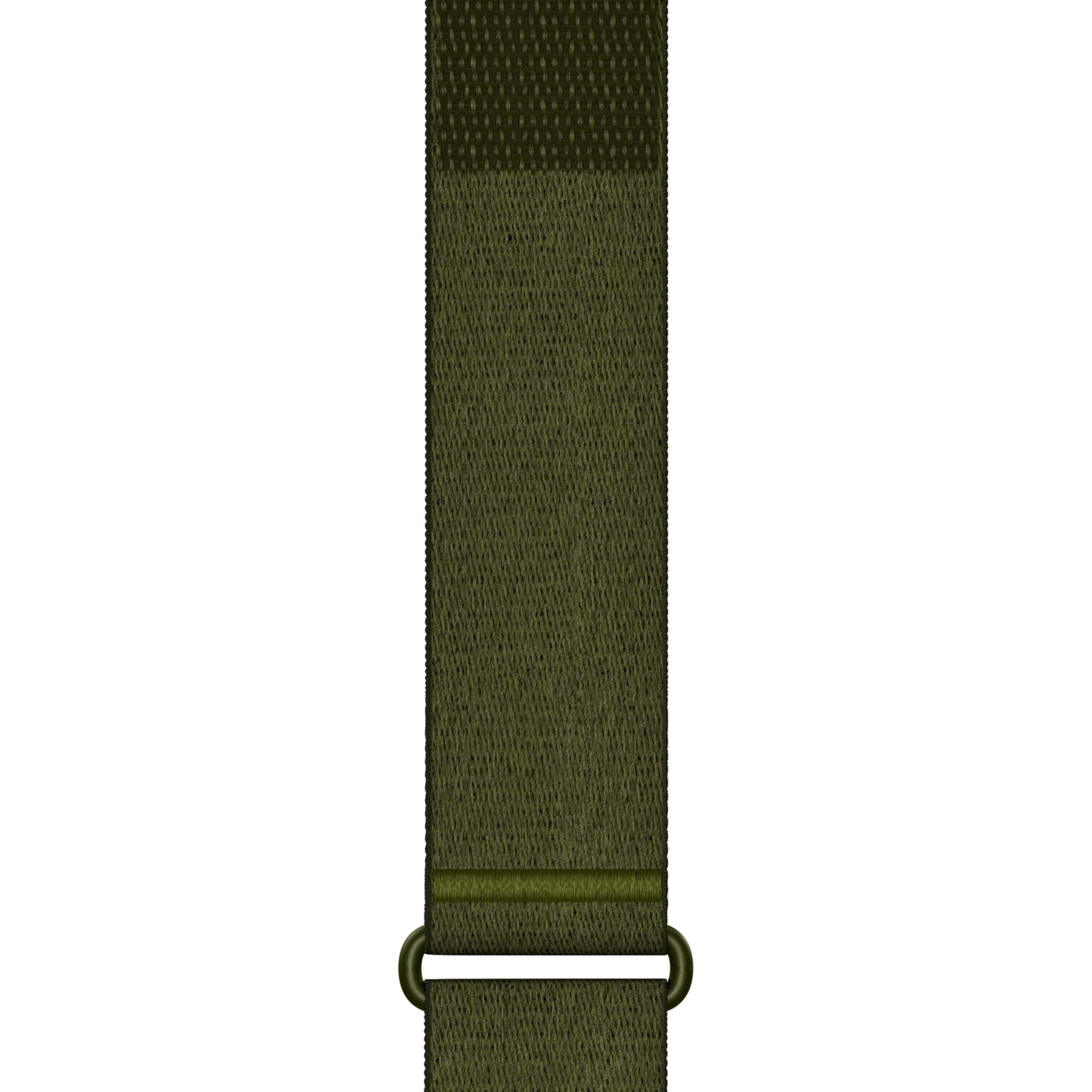 Une sangle en tissu vert olive vertical avec un tissage texturé et une boucle en plastique réglable.