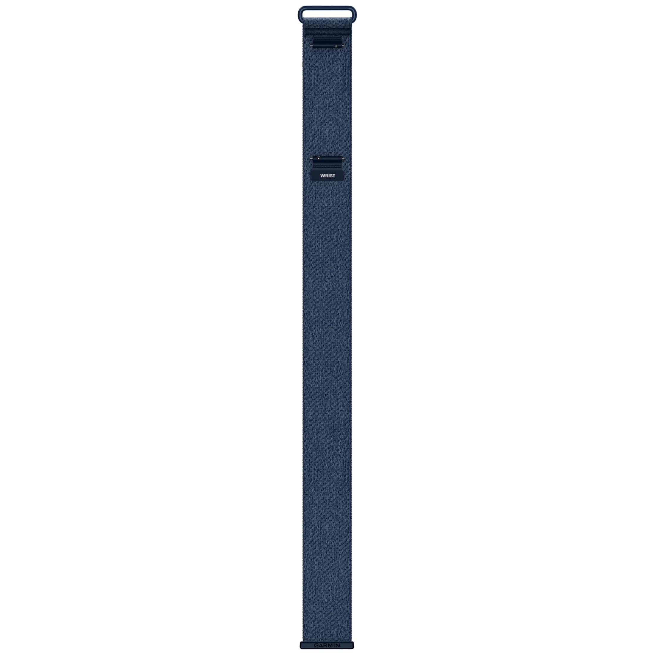 A long, blue nylon watch strap featuring a metal buckle and the Garmin logo.