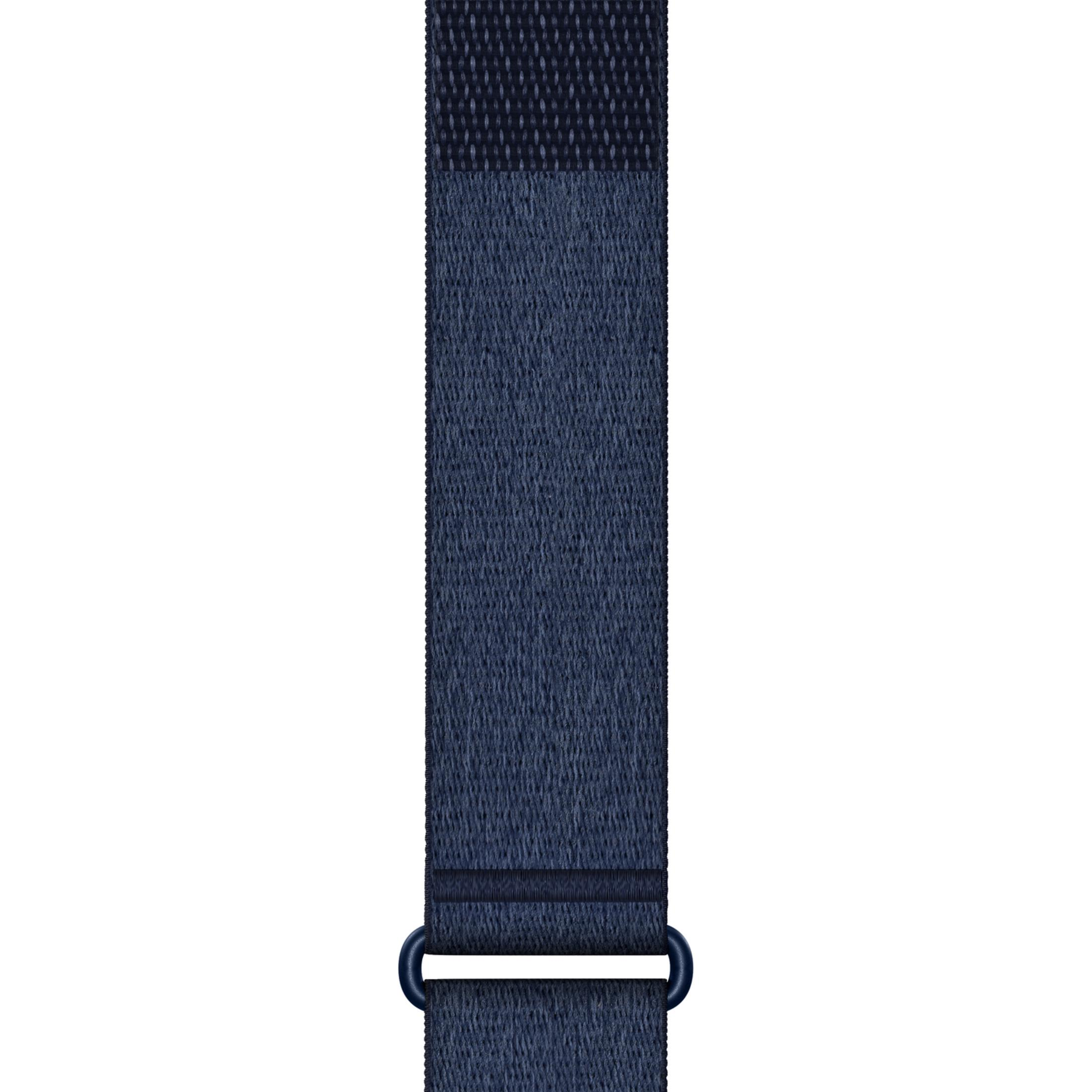 A vertical dark blue fabric strap with a plastic buckle on a white background.
