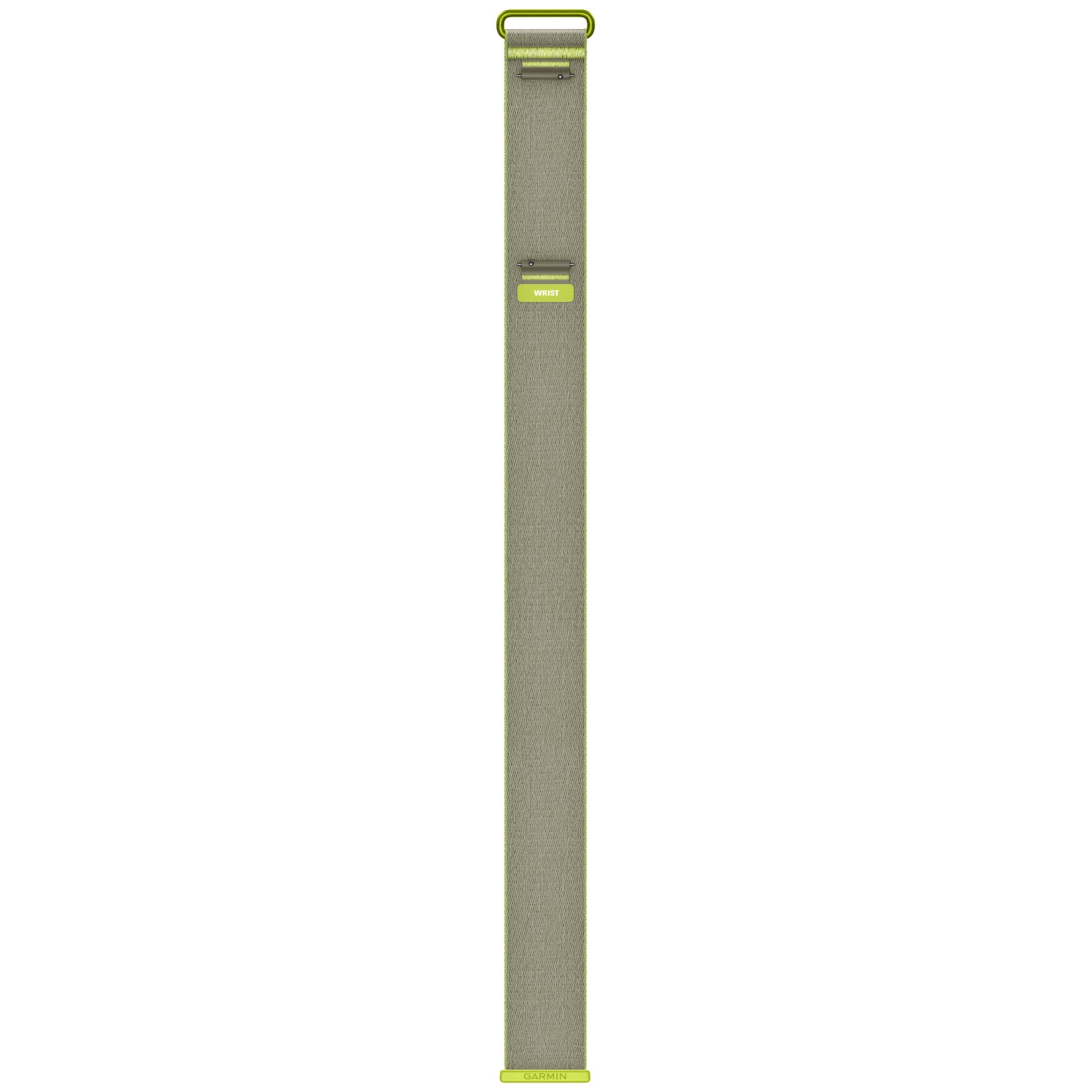 A long, olive green nylon watch strap featuring a metal buckle and the Garmin logo.