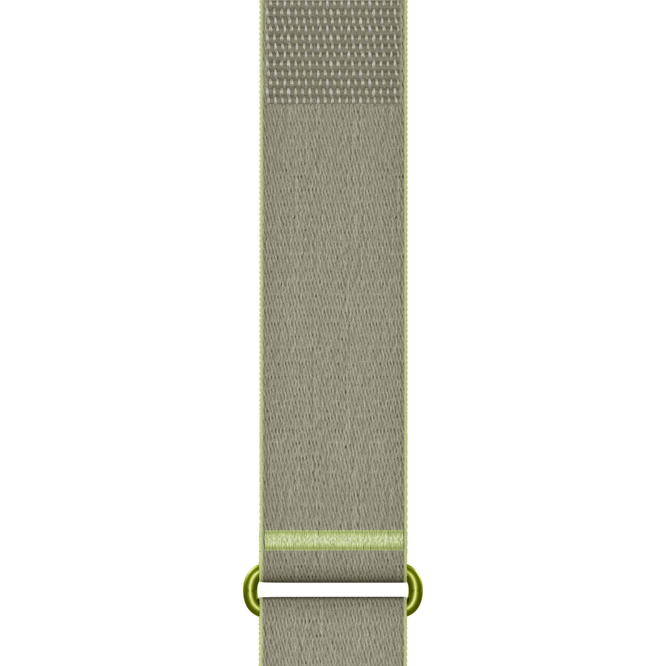 A gray-green fabric strap featuring a matching green metal buckle against a white background.
