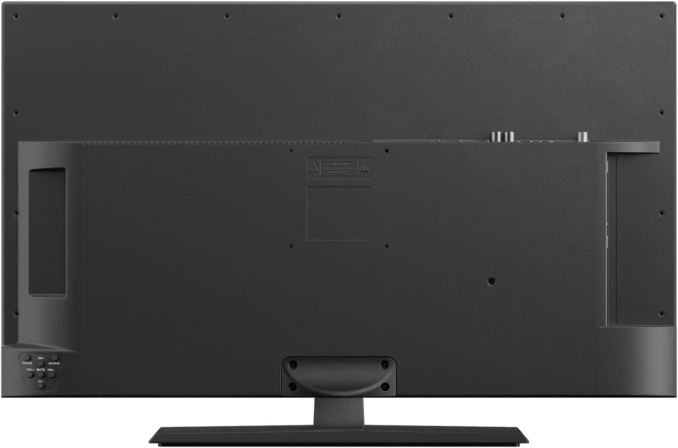 La parte trasera de un televisor negro que muestra puertos, botones y un soporte plano.