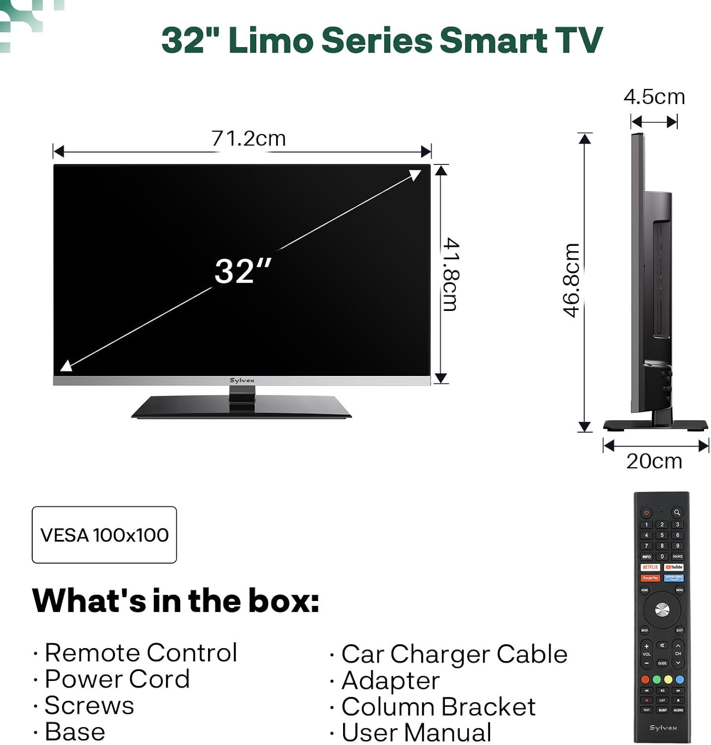 Technische Zeichnung und Maße eines 32-Zoll-Smart-TVs sowie eine Liste des Zubehörs.