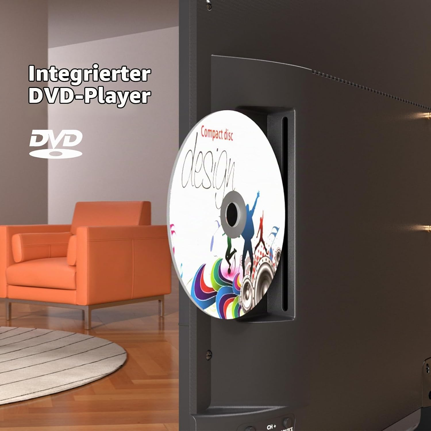 Un CD se inserta en el reproductor de DVD integrado de un televisor plano, con un sillón naranja y una alfombra en el fondo.