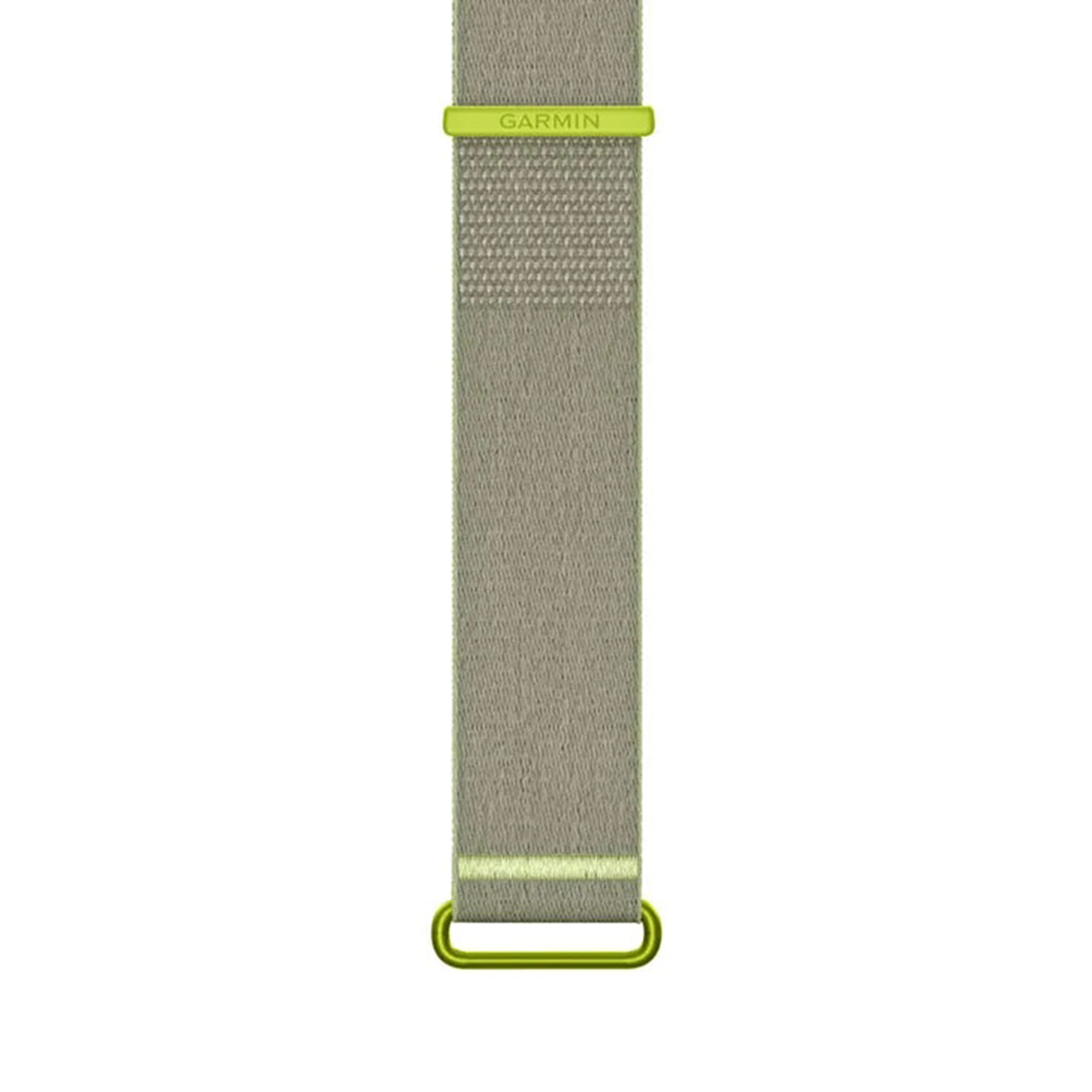Bracelet de montre Garmin vert olive avec passant assorti et texte sur fond blanc.
