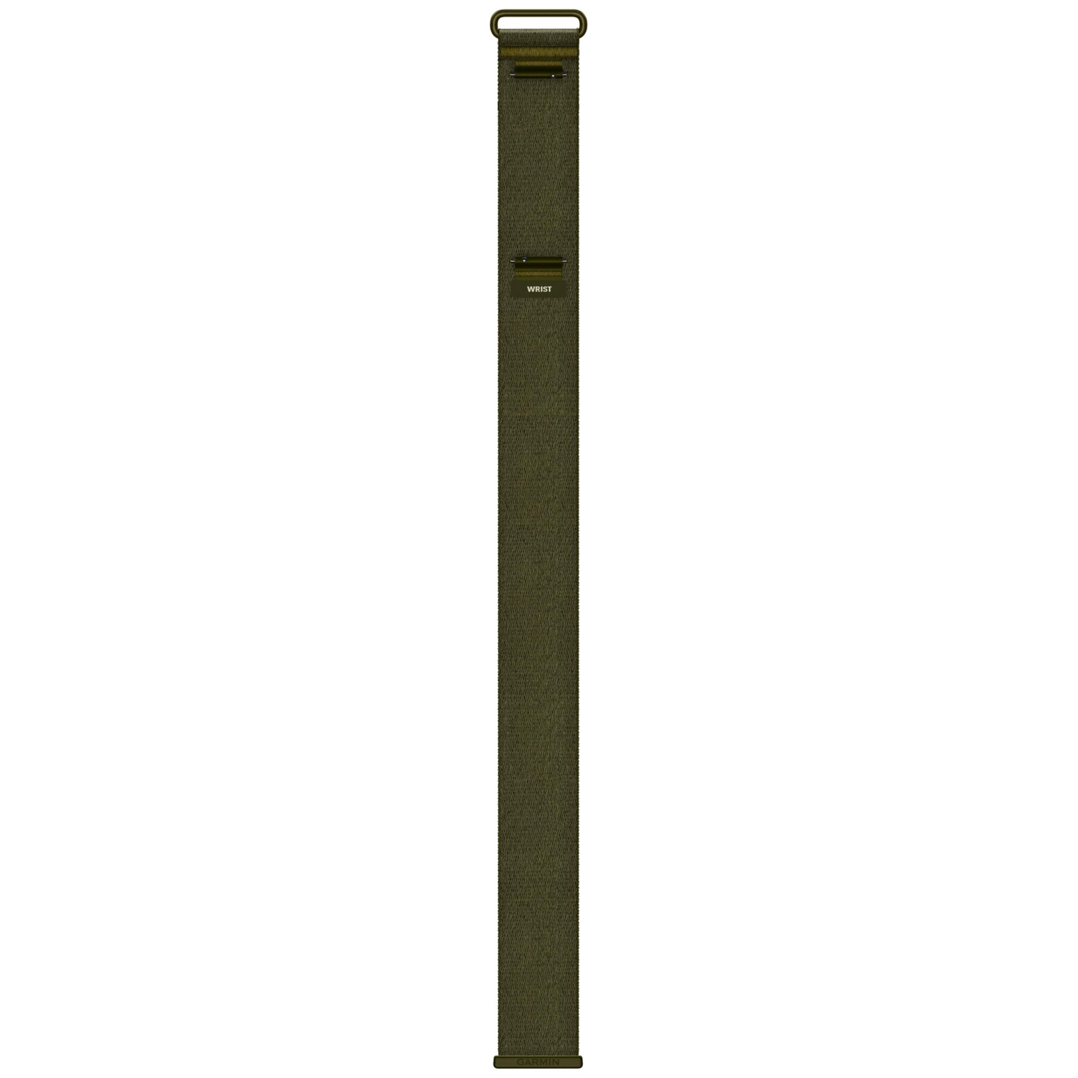 A long, olive green nylon watch strap with black metal loops and a Garmin logo on a white background.
