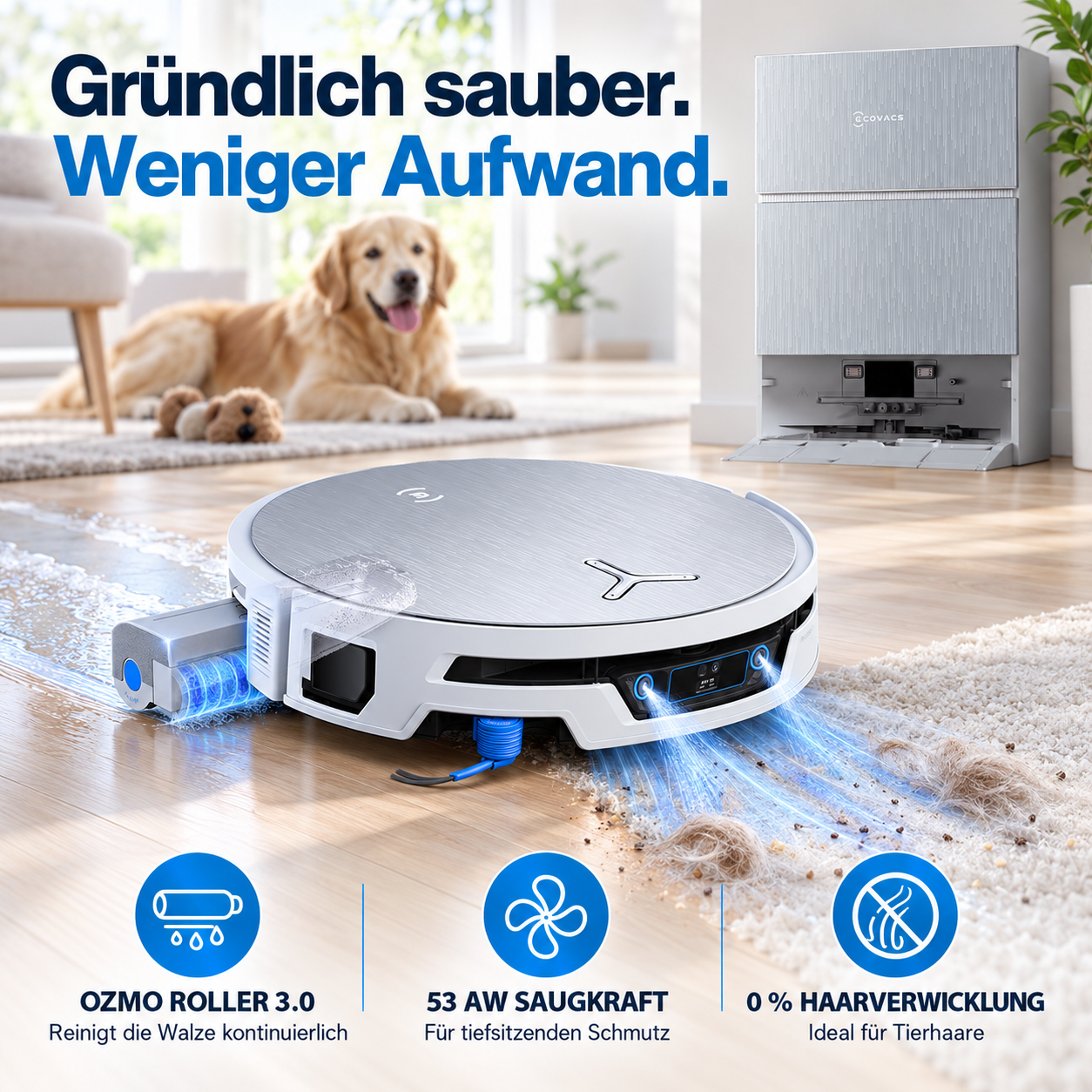 Ein weißer Saugroboter reinigt einen Holzboden und Teppich, im Hintergrund ein Golden Retriever und eine Ladestation.