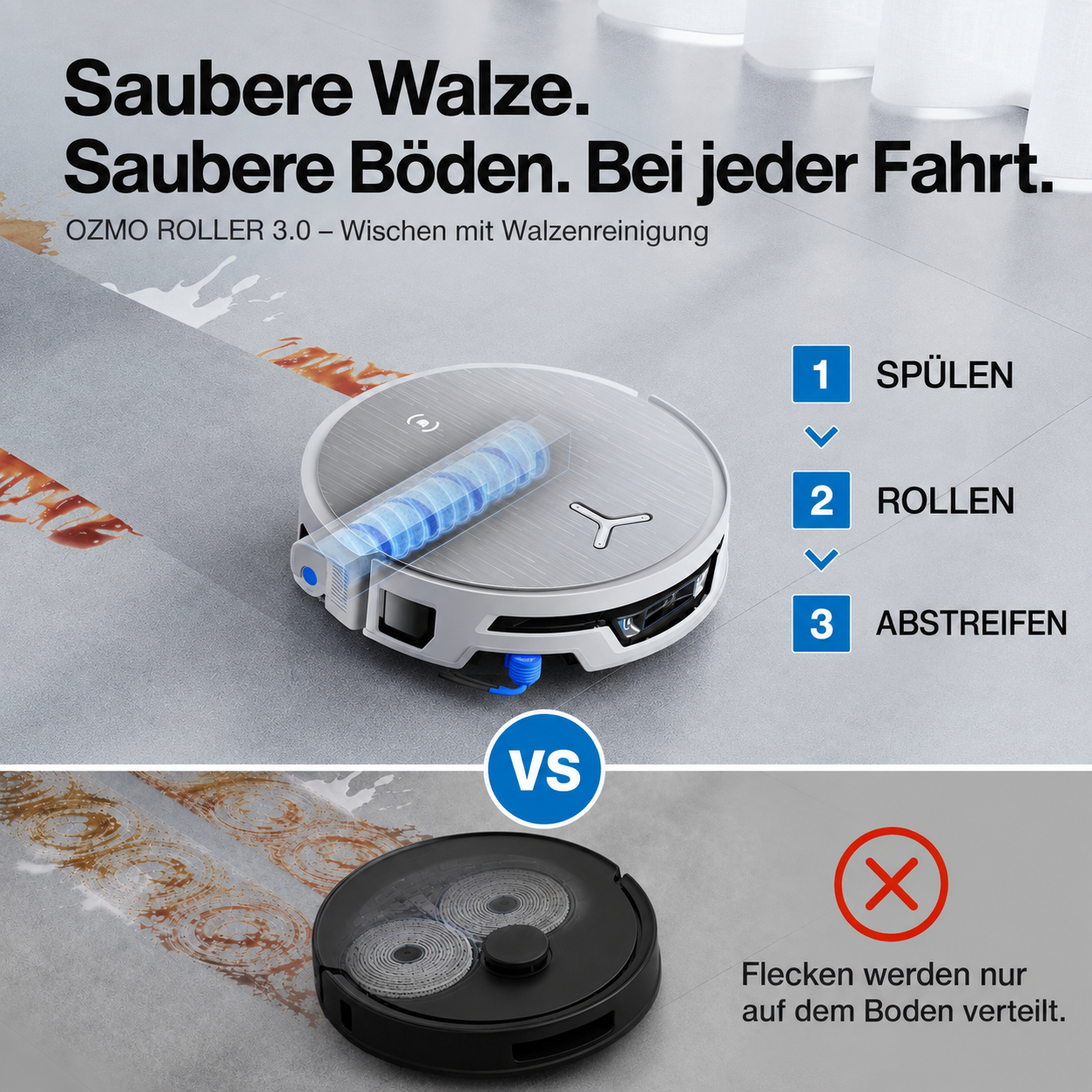 Vergleich zweier Saugroboter zeigt gereinigten Boden oben und verteilte Flecken unten.