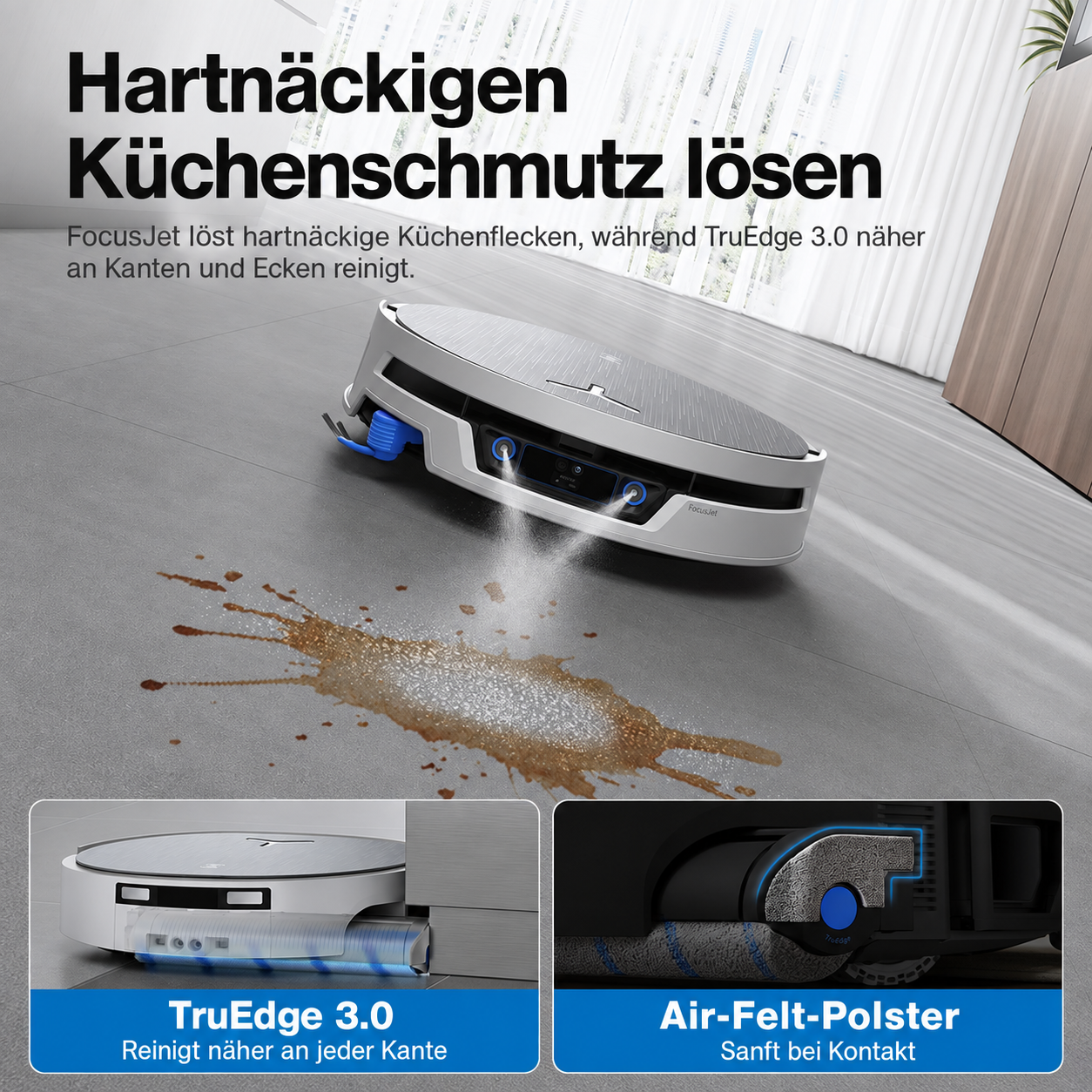 Ein Saugroboter sprüht Wasser auf einen Fleck am Boden; zwei Insets zeigen Kantenreinigung und Polster.